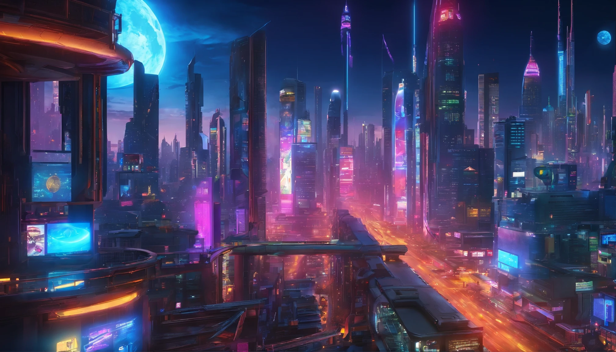 masterpiece, super detail, high quality, award winning, futuristic cityscape, capital city, landmark, At night, full moon, theme color is blue, high technology, drone flies