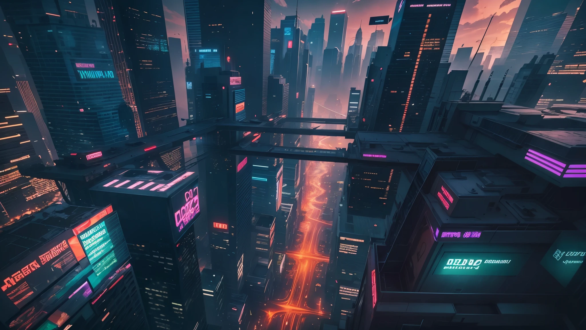 Cyberpunk cityscape with towering skyscrapers, neon signs, and flying cars.