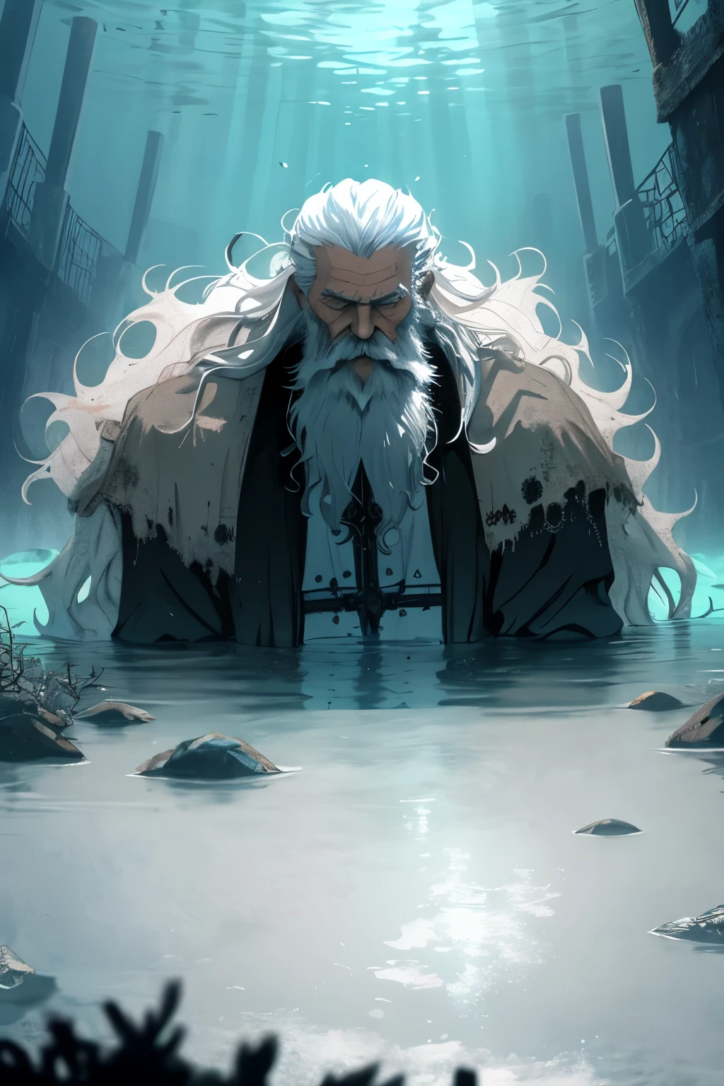 In the depths of the tranquil sea, an old man clad in robust medieval cleric attire lies drowning. His long, flowing white hair and beard, now faded and matted, trail behind him in the murky water. Despite the grim scene, the anime-style illustration retains a surreal allure.

This image, rendered in 8K, Raw photo, Best Quality, captures every intricate detail with pristine clarity. The old man's white skin, unblemished even in death, has a ethereal glow accented by the underwater light. His clothing, worn and tattered, showcases the passage of time in this fantastical realm.
