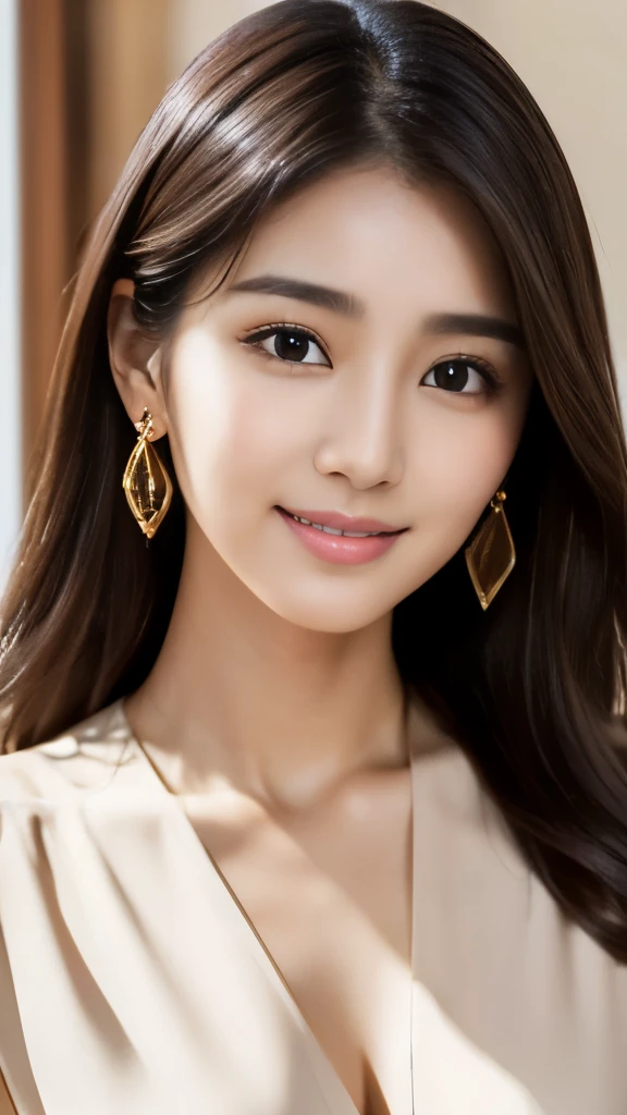 (Highly detailed CG Unity 8K wallpaper, highest quality, super detailed, look at the camera:1.2, light shines on your face:1.5, professional lighting), 32 years old, female, Japanese, Shoulder-length wavy hair, Chestnut brown, Oval face with soft features, Arched and well-defined eyebrows, Large almond-shaped eyes with dark brown color, Straight and slender nose, Full and soft lips with a natural smile, Wearing a tailored cream-colored blouse with a V-neckline, accessorized with delicate gold jewelry, Radiant and flawless complexion
