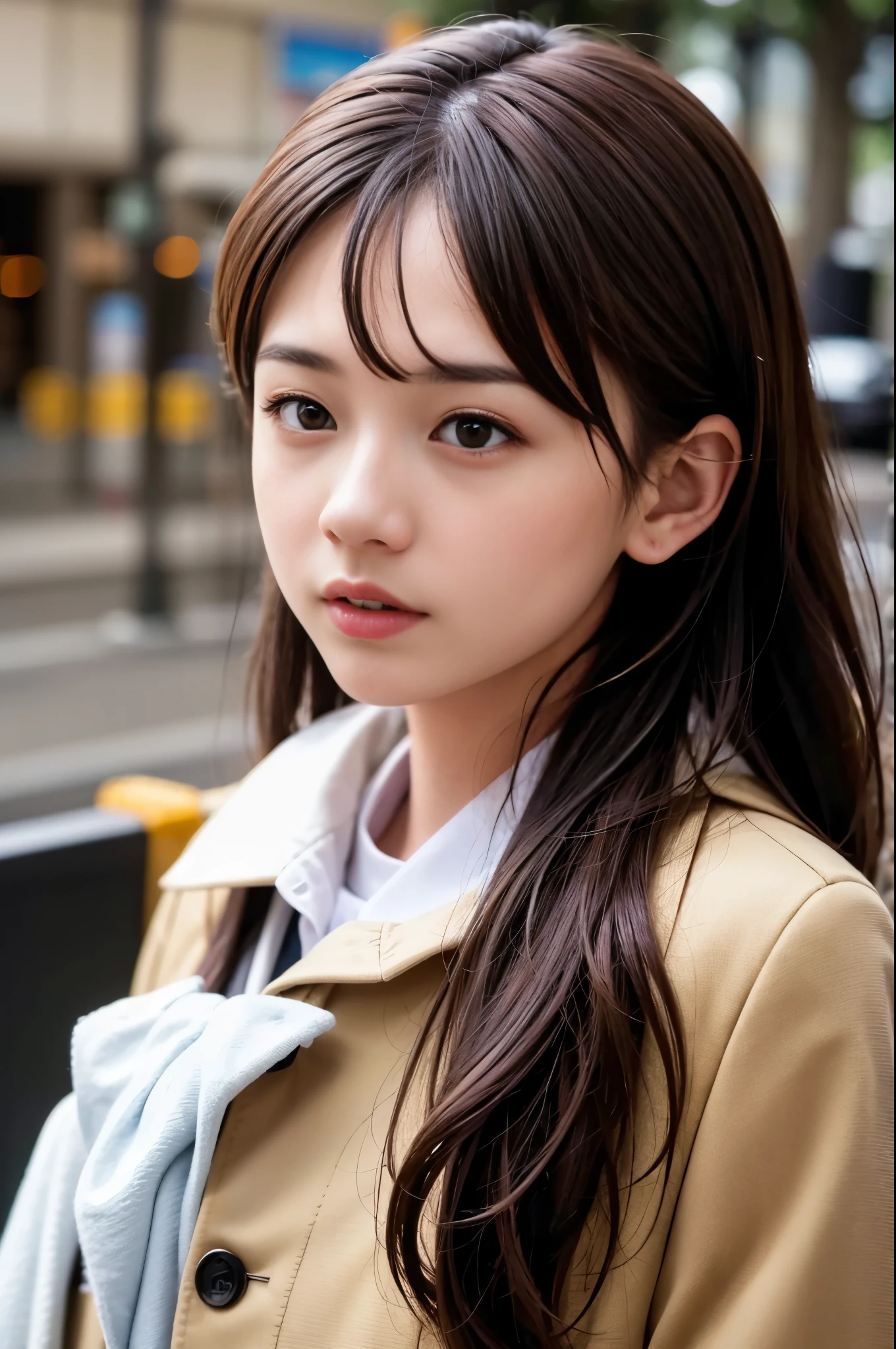  (8K, RAW photo, highest quality, masterpiece:1.3), (realistic, photo-realistic:1.4), (Highly detailed 8K wallpaper), sharp focus, Depth of written boundary,
 japanese idol,very cute, (coat:1.3),(long hair : 1.4), Upper body, highly detailed face and eyes,((shiny skin:1.2)), cinematic lighting, soft light, blur background, (A city with historical landmarks, such as a castle or a cathedral)