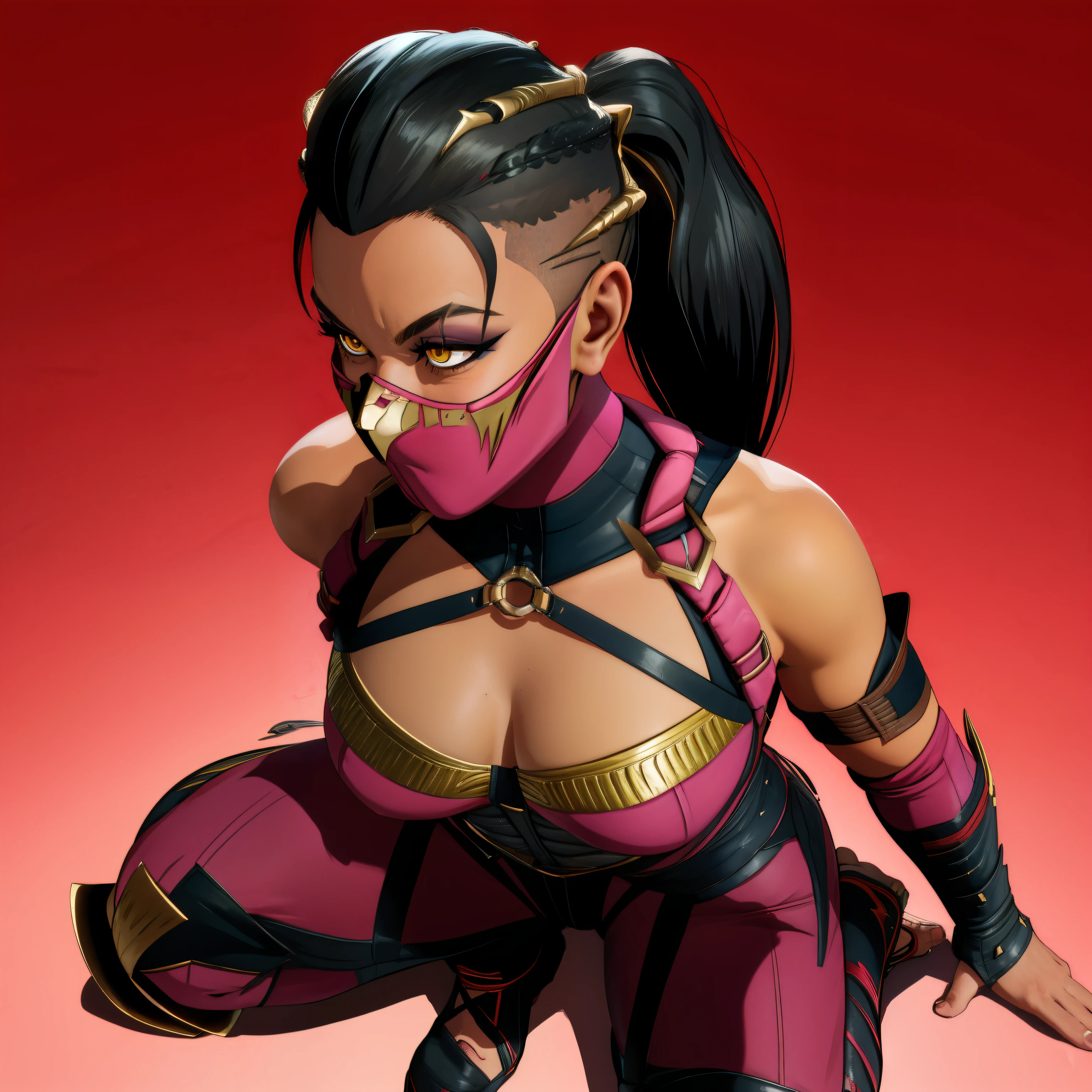 mileena, mortal kombat, insanely detailed, raw, sitting, shot in 8k, black hair, ponytail, lips, yellow catlike eyes, pink bodysuit, full body, mask, dynamic pose, royal castle