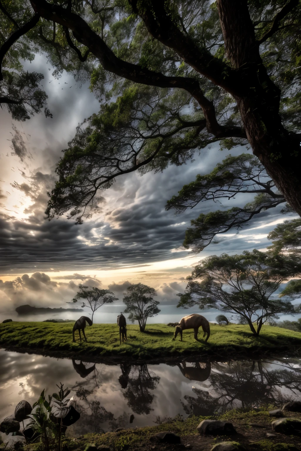 RAW photo in sequence, a picture of the prehistoric world with alien fauna and incomprehensible animals.
((Two standing figures, observando maravilhados a paisagem))
Detalhes da paisagem ricamente vegetal, strange trees, rocha desgastada, body of water reflecting light, textura de couro irregular em rocas, thick cloud and dark sky, natural lighting, HDR, imagem realista, photographia profissional, flertando com o espectador