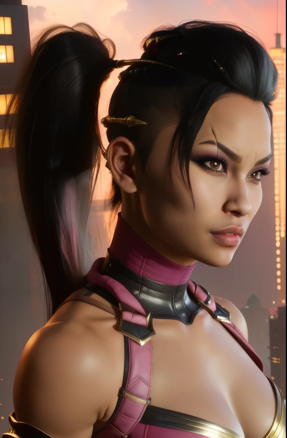 mileena, black hair, ponytail, lips, brown eyes, pink bodysuit, upper body, hair ornament, cleavage, looking at viewer, serious, night, outdoors, mortal kombat, (insanely detailed, beautiful detailed face, masterpiece, best quality),