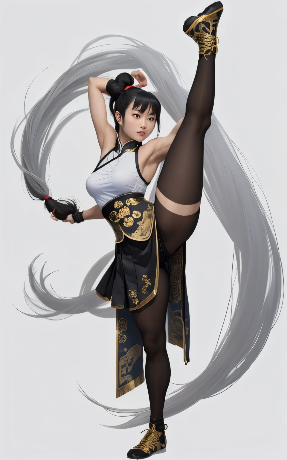 (masterpiece: 1.2), (high Quality), 1girl, solo, chun li, street fighter, Chinese martial arts, kung fu, training, kicking up, hair in braids, ponytail, Chinese hair tie, black hair, bangs, wearing Chinese clothes, long skirt, qipao dress, black long socks, black thigh high socks, black stockings, hairy pussy, pussy hair, visible detail, black and gold kung fu shoes, UHD quality, looking at the viewer, ultra detailed, all real, image quality 8k, 70mm camera lens, 8k ultra