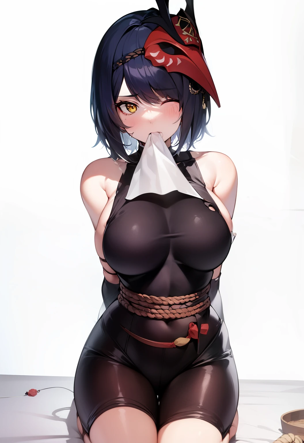 masutepiece, Best Quality, 1girl in, Kujo Shallow, (((((close one eye))))), (((winking))), Indoor, ((((Dark background)))), (Basement), Practical lighting, (candle light), Sweat, ((Zashiki Prison)), ((Dark room)), bird mask, Mask, mask on head, Black hair, Short hair, Yellow eyes, gloves, sox, ((Large breasts)), Sleeveless, Black Gloves, Wide sleeves, Black bodysuit, Ultra Detail, Wrapped in a rope, ((((Bondage)))) ((Rope Bondage)), Ultra Detail, ((Shibari)), (((((The rope is wrapped around the body many times))))), (((((brown Rope))))), blush, (((Painful))), (((Close one eye))), blush, Sveti, angry, Shy, wariza, Sitting on tatami mats, Thighs together,