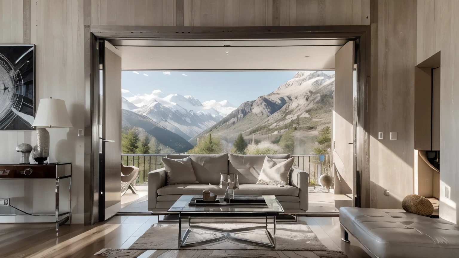 ultra-detailed, photorealistic,  8k, contemporary design, open living room scene through doorway, contemporary grey wood door open, elegant color pattern, modern shell chandelier, chrome tables, neutral contemporary sofa trimmed in silver, reflective surfaces, modern chairs with soft neutral fabric, artistic sculpture on plinth, abundant natural light, large windows, mountains seen in background, ((contemporary style))