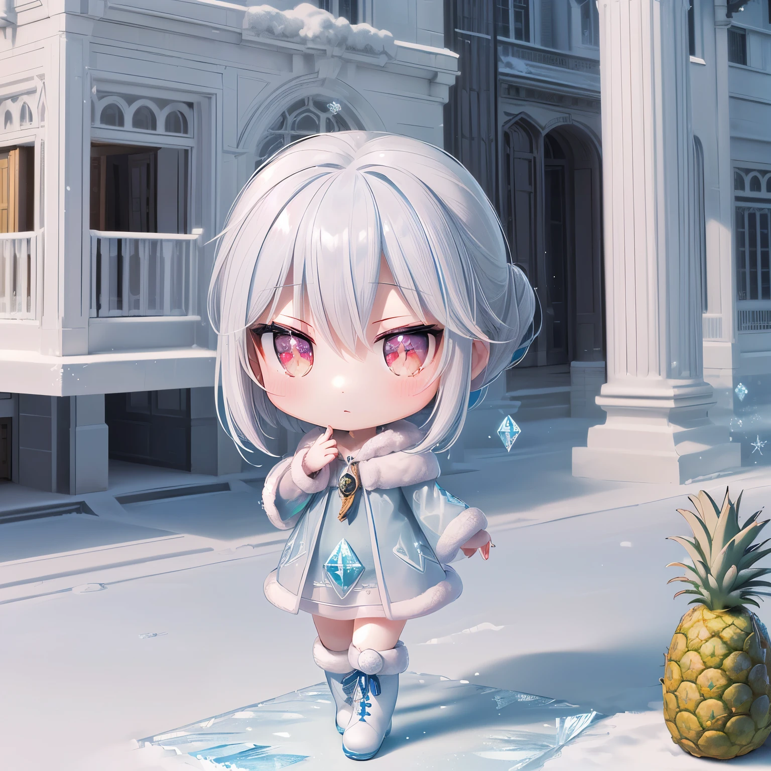 (chibi, pineapple, 3dcg, 1 girl: 1.5), (red cheeks, indifference, Expressionless, hair blowing in the wind, almond shaped eyes, shiny white-blue hair,chignon hair, Carefully drawn fingertips: 1.2), (masterpiece, highest quality, Beautiful anatomy: 1.3), (chibi Body,  side view, hood coat with fur,crystal craft accessories,pink color,full body, boots,queen,upward gaze: 1.3), (A frozen winter wonderland of sparkling mansions, on-site parks, Frozen,move freely through the air,guidance of light,skyscraper mansion,: 1.4)