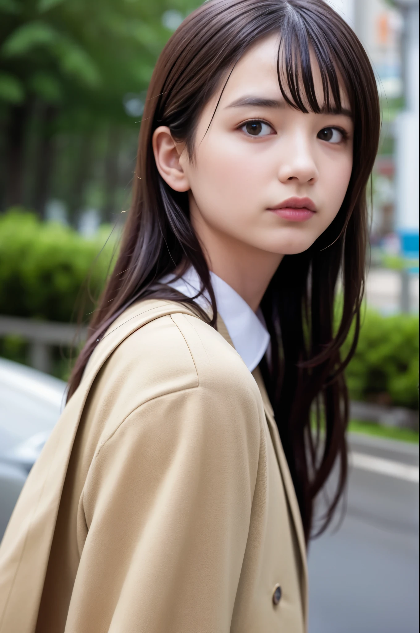 (8K, RAW photo, highest quality, masterpiece:1.3), (realistic, photo-realistic:1.4), (Highly detailed 8K wallpaper), sharp focus, Depth of written boundary,
japanese idol,very cute, (coat:1.3),(long hair :1.3), Upper body, highly detailed face and eyes,((shiny skin:1.2)), cinematic lighting, soft light, blur background, (A city with historical landmarks, such as a castle or a cathedral)