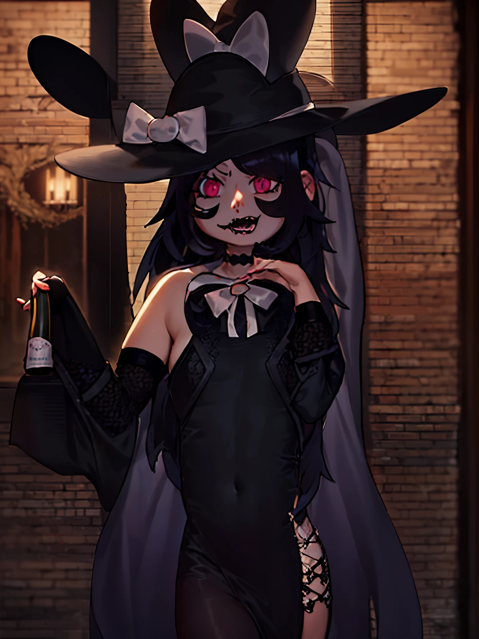 anime girl in a black dress and hat holding a bottle of champagne, Garota Bruxa, Scarry mas enfeitiçando, em estilo halloween, fashionable Bruxa das Trevas, bruxa, [ arte digital ]!!, gapmoe yandere sombrio, academia bruxa, arte digital!!, gothic maiden anime girl, /!\ A Feiticeira, Bruxa das Trevas, cel sombreado!!!