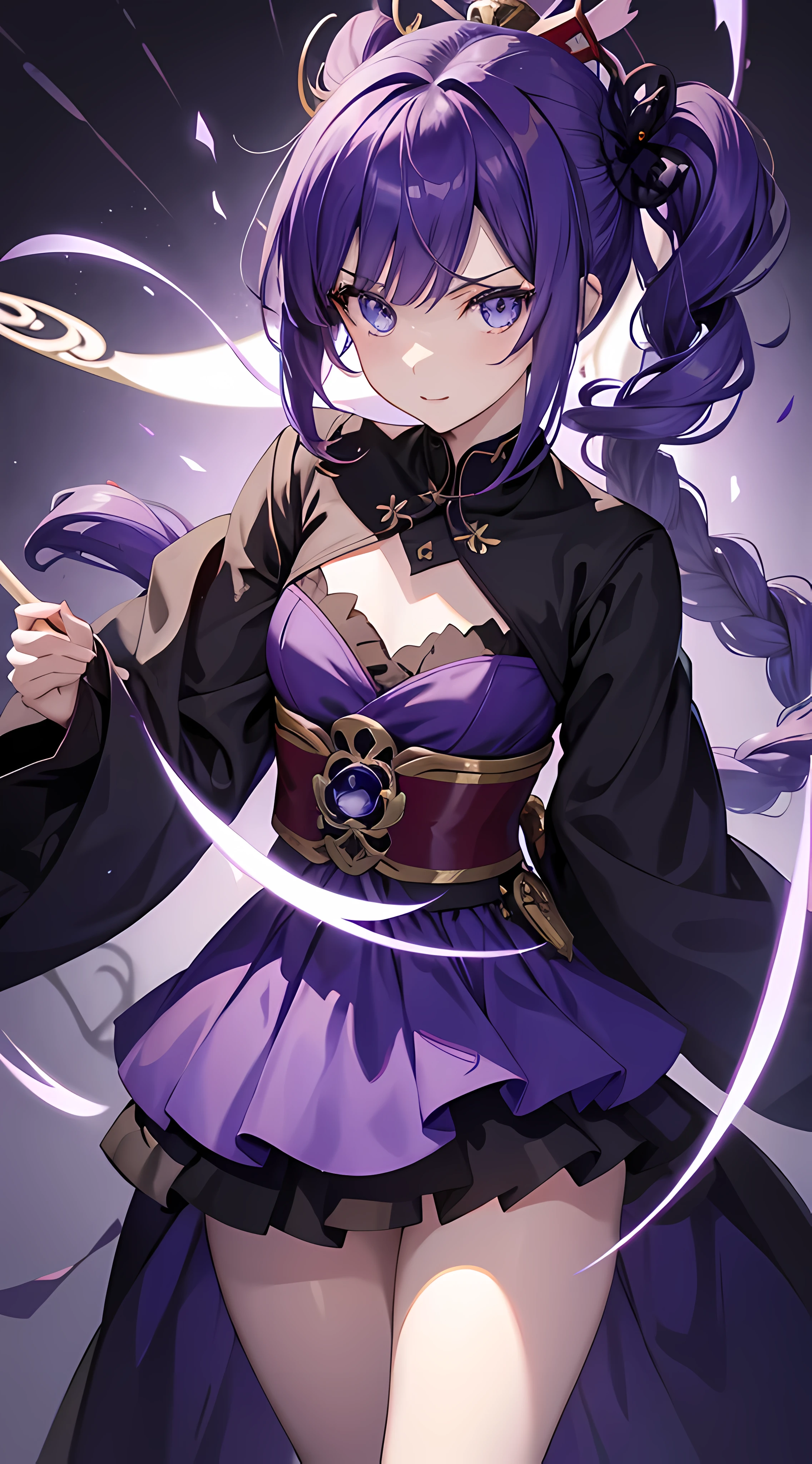 Anime Fille aux cheveux violets et aux yeux violets dans une tenue violette, Impact d&#39;Ayaka Genshin, [[[[souriant diaboliquement]]]], akasuki étoile vide, portrait d&#39;onmyoji, Hajime Yatate, style artistique anime moe, portrait chevaliers de fille du zodiaque, Keqing de Genshin Impact, Ayaka jeu genshin impact