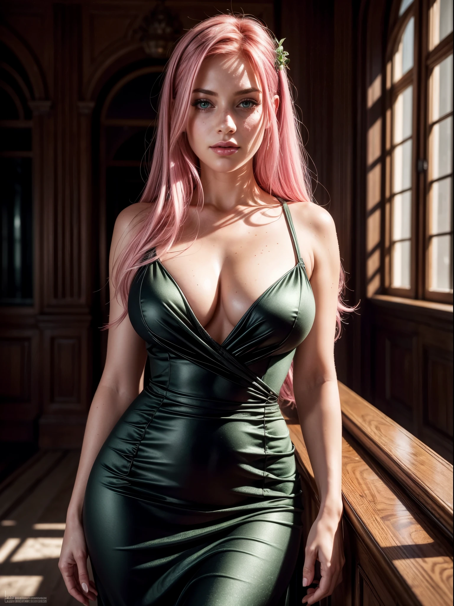 Photorealistic, high resolution, soft light, 1 woman, alone, busty, looking at the viewer, (detailed face), pink hair, green eyes, some freckles on her face, wearing a very elegant long black dress.