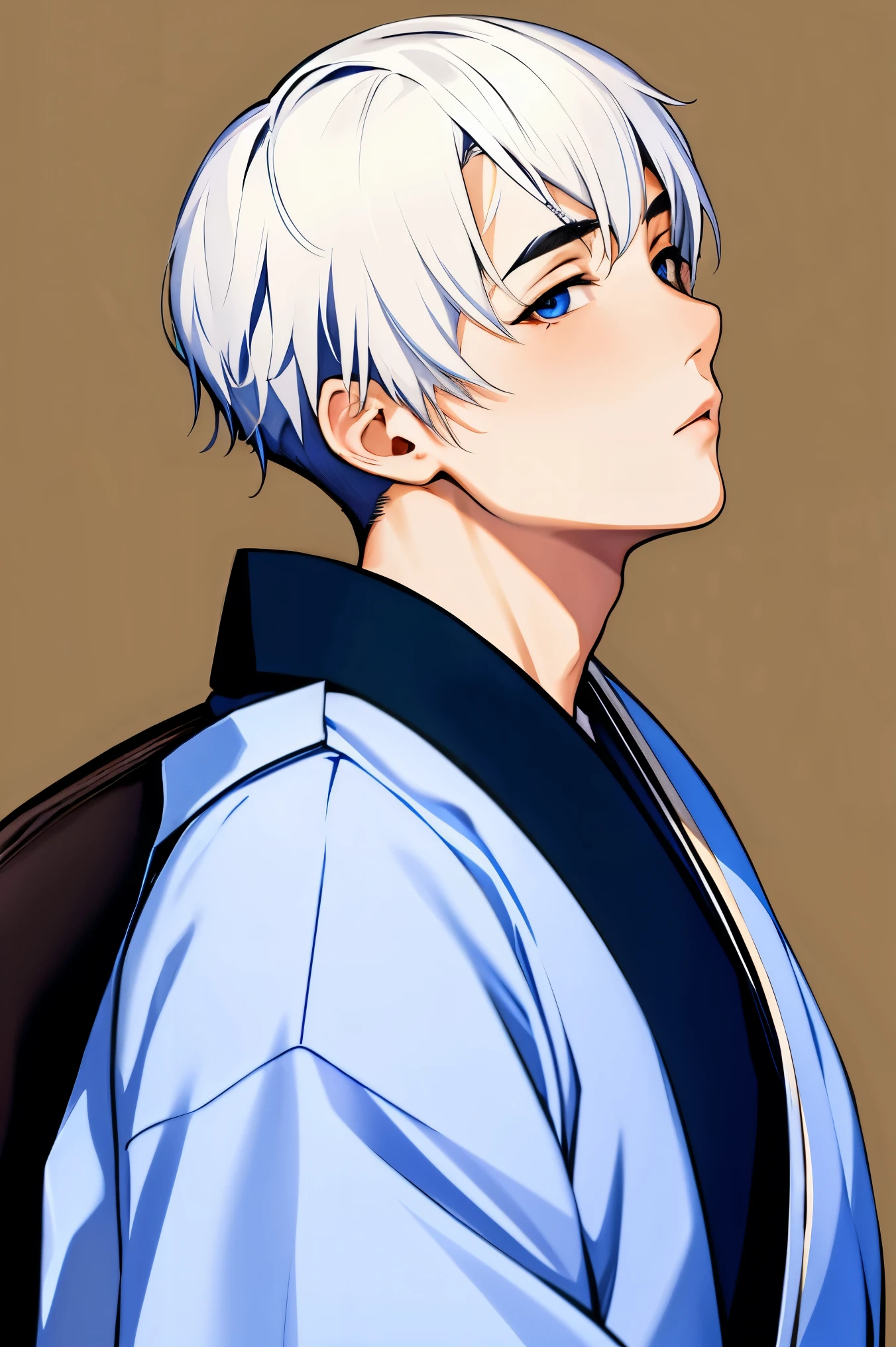 1boy, solo, japanese theme background, looking at viewer,large breasts,portrait,from side,Young Japanese man with medium-length white hair, white eyebrows, blue eyes, dressed in Japanese streetwear style((young male))