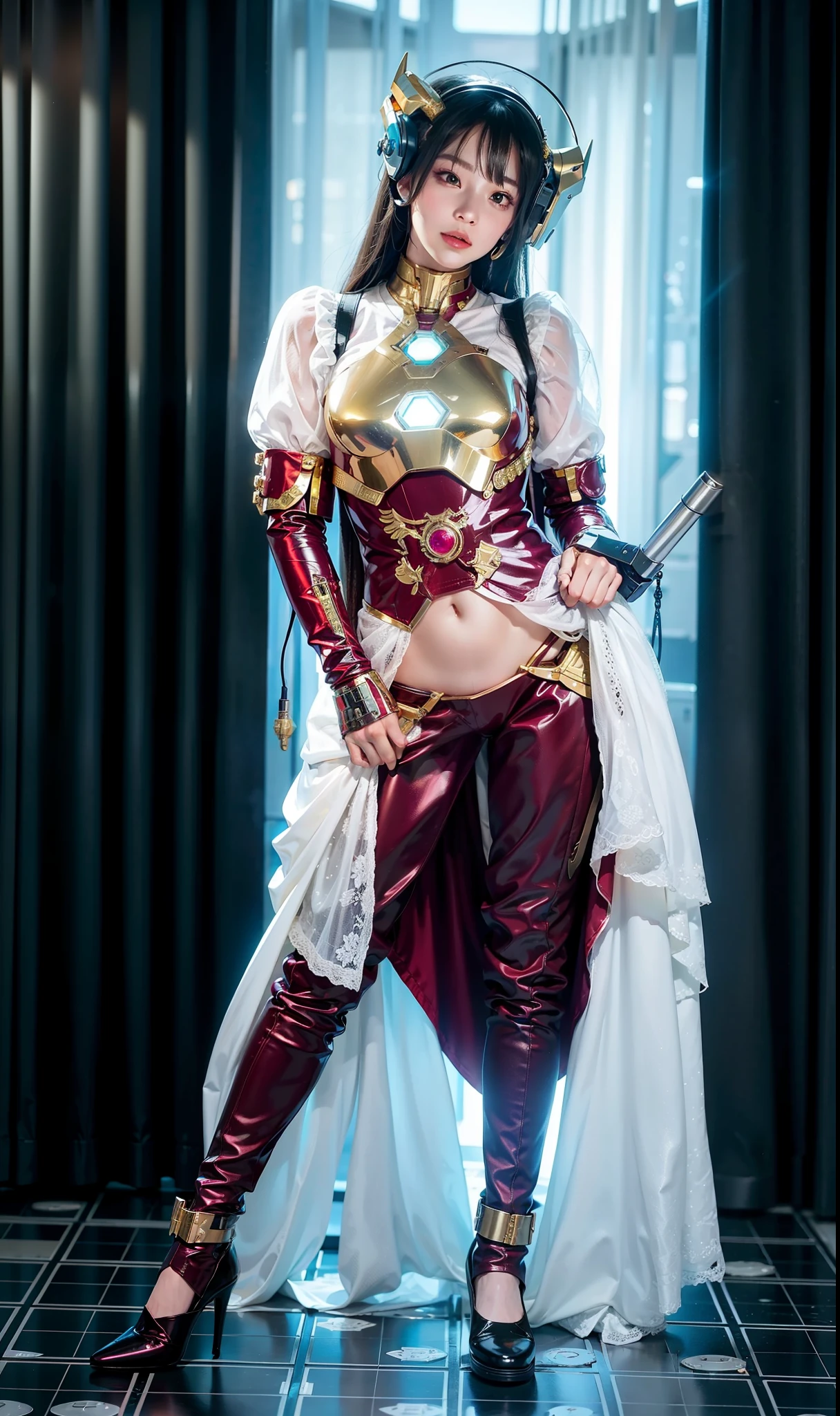 best quality,gold jewelry,Fairy skin,(Every time :1.2),Everlasting,super detailed,actual,high quality,light lighting,Ray tracing,ultra high definition,upper part of body, Future Iron Man mecha,shooting,battery,Launching equipment,Large-caliber artillery,Ros Tran 8K,Mecha Cyber Armored Tank Girl,Wearing a cyberpunk stamina helmet,Wearing a glowing space helmet,High-tech motorcycle helmet,There is a breathing light on the body,The armor of the future shines,Armed electromagnetic gun,Mecha style,