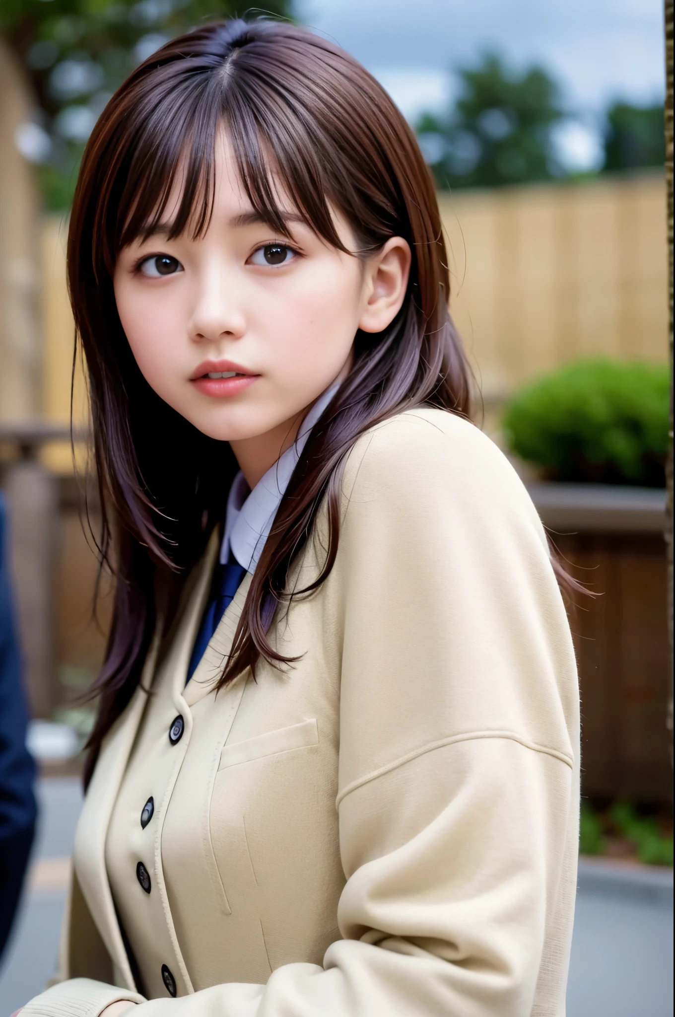 (8K, RAW photo, highest quality, masterpiece:1.3), (realistic, photo-realistic:1.4), (Highly detailed 8K wallpaper), sharp focus, Depth of written boundary,
japanese idol,very cute, (coat:1.3),(long hair :1.3), Upper body, highly detailed face and eyes,((shiny skin:1.2)), cinematic lighting, soft light, blur background, (A city with historical landmarks, such as a castle or a cathedral)