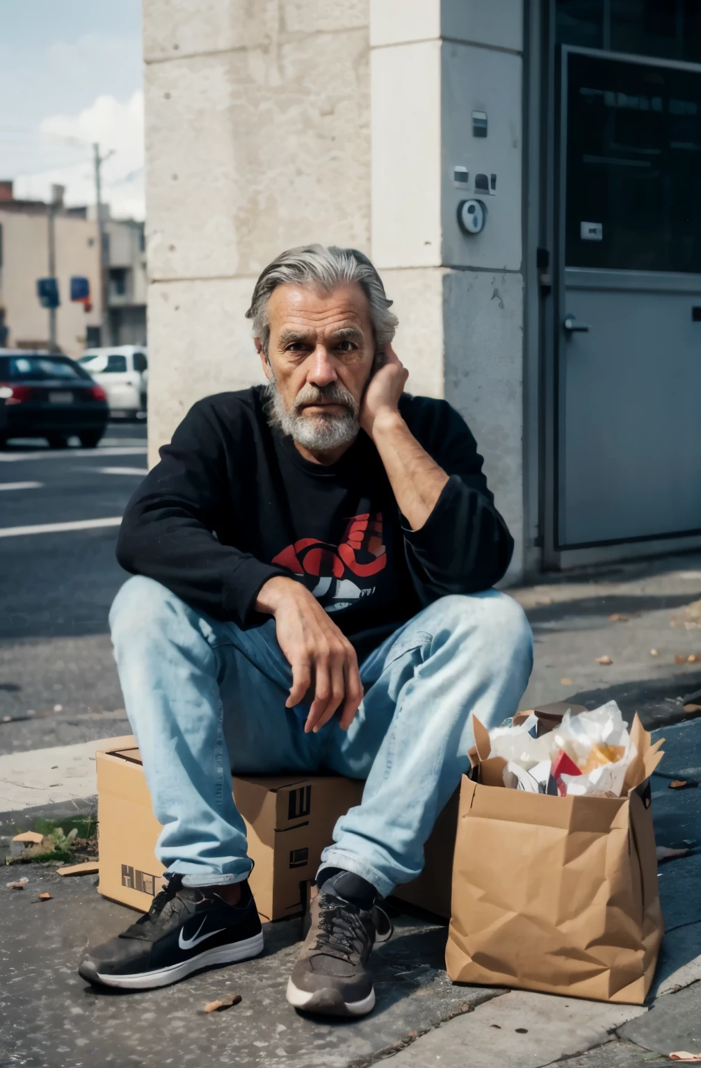 Homeless man, full body shot, rough face, 50yo, serious face, sitting on a piece of cardboard , ultra realistic, ultra detailed, canon r5, octane render, 8k