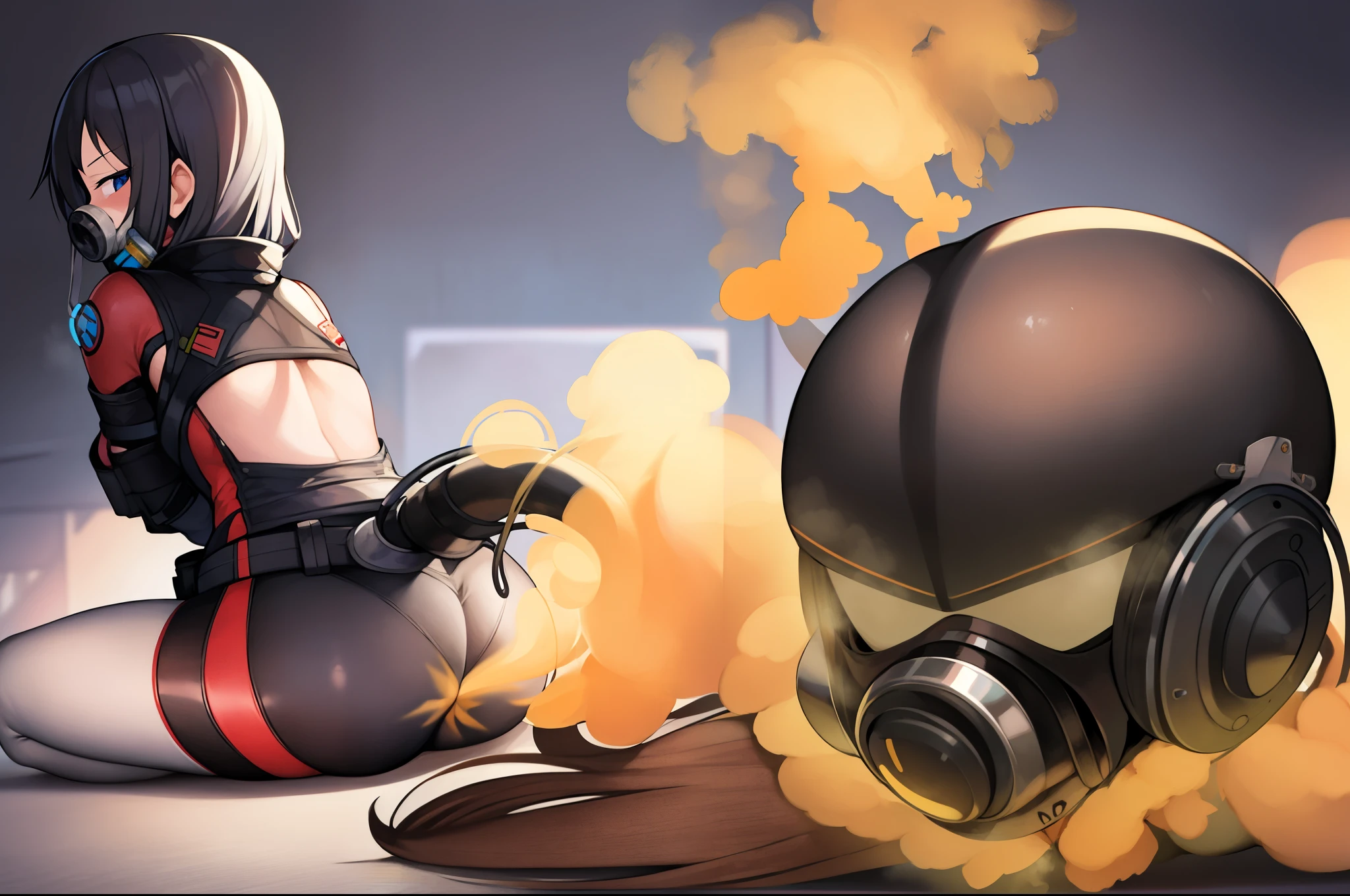 Farts, Fertofuchs, acoustics, fartチューブ, hoses, sitting on face, gas mask, facesitting,smirk smile,in ruin,2 anime girls,fart,onara,fart,fart,farting,sitting pose,whole body,girl is wearing bodysuits,((girl's face and butt))