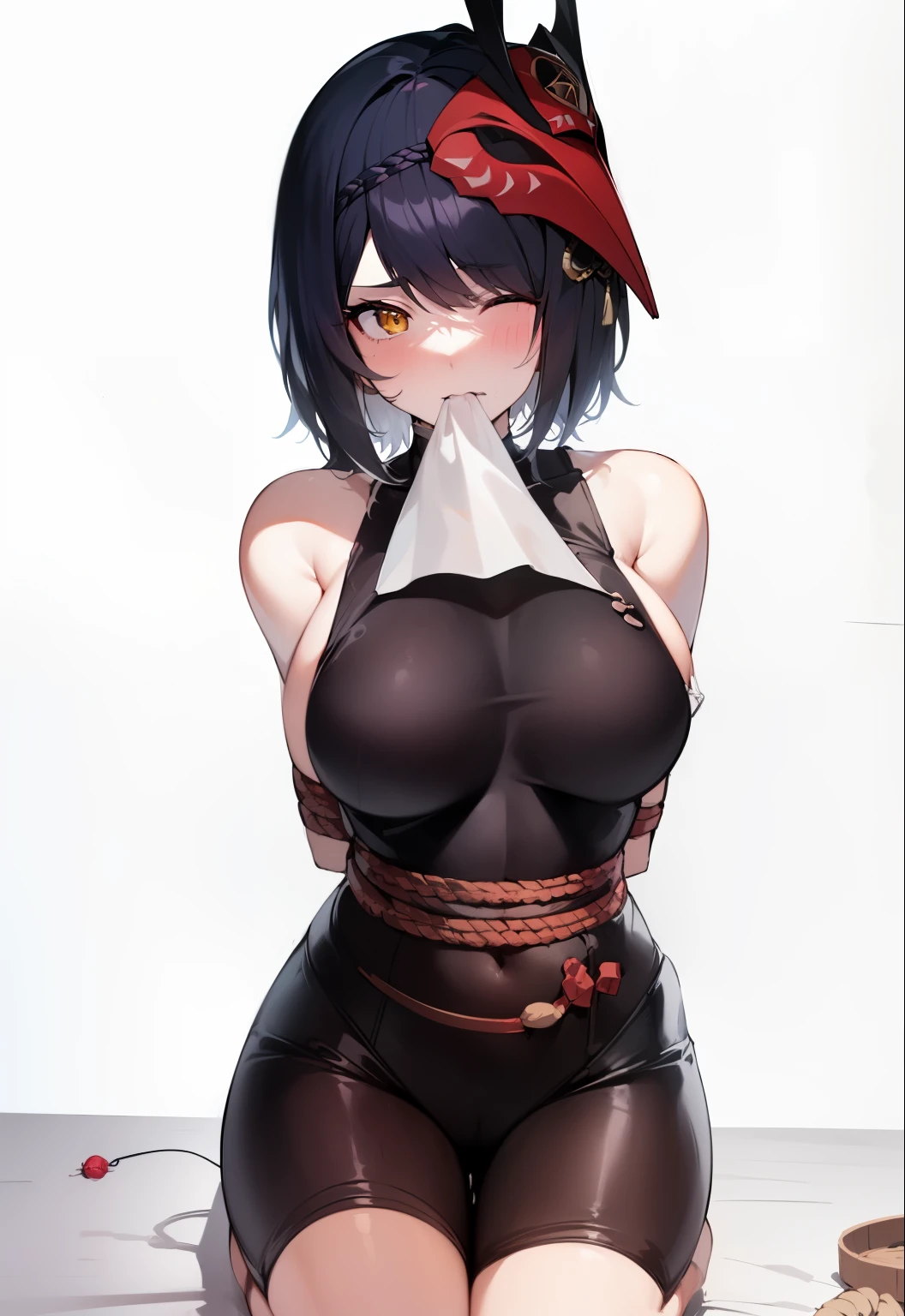 masutepiece, Best Quality, 1girl in, Kujo Shallow, (((((close one eye))))), (((winking))), Indoor, ((((Dark background)))), (Basement), Practical lighting, (candle light), Sweat, ((Zashiki Prison)), ((Dark room)), bird mask, Mask, mask on head, Black hair, Short hair, Yellow eyes, gloves, sox, ((Large breasts)), Sleeveless, Black Gloves, Wide sleeves, Black bodysuit, Ultra Detail, Wrapped in a rope, ((((Bondage)))) ((Rope Bondage)), Ultra Detail, ((Shibari)), (((((The rope is wrapped around the body many times))))), brown Rope, blush, (((Painful))), (((Close one eye))), blush, Sveti, angry, Shy, wariza, Sitting on tatami mats, Thighs together,