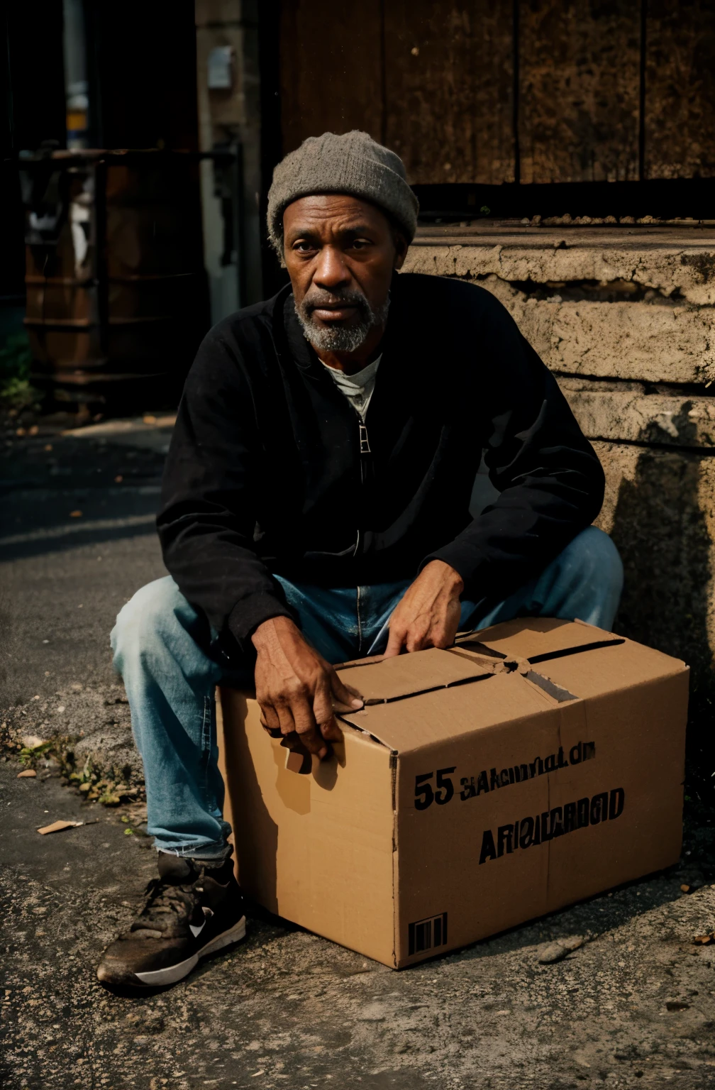 Homeless man, African American full body shot, rough face, 50yo, serious face, sitting on a piece of cardboard , ultra realistic, ultra detailed, canon r5, octane render, 8k