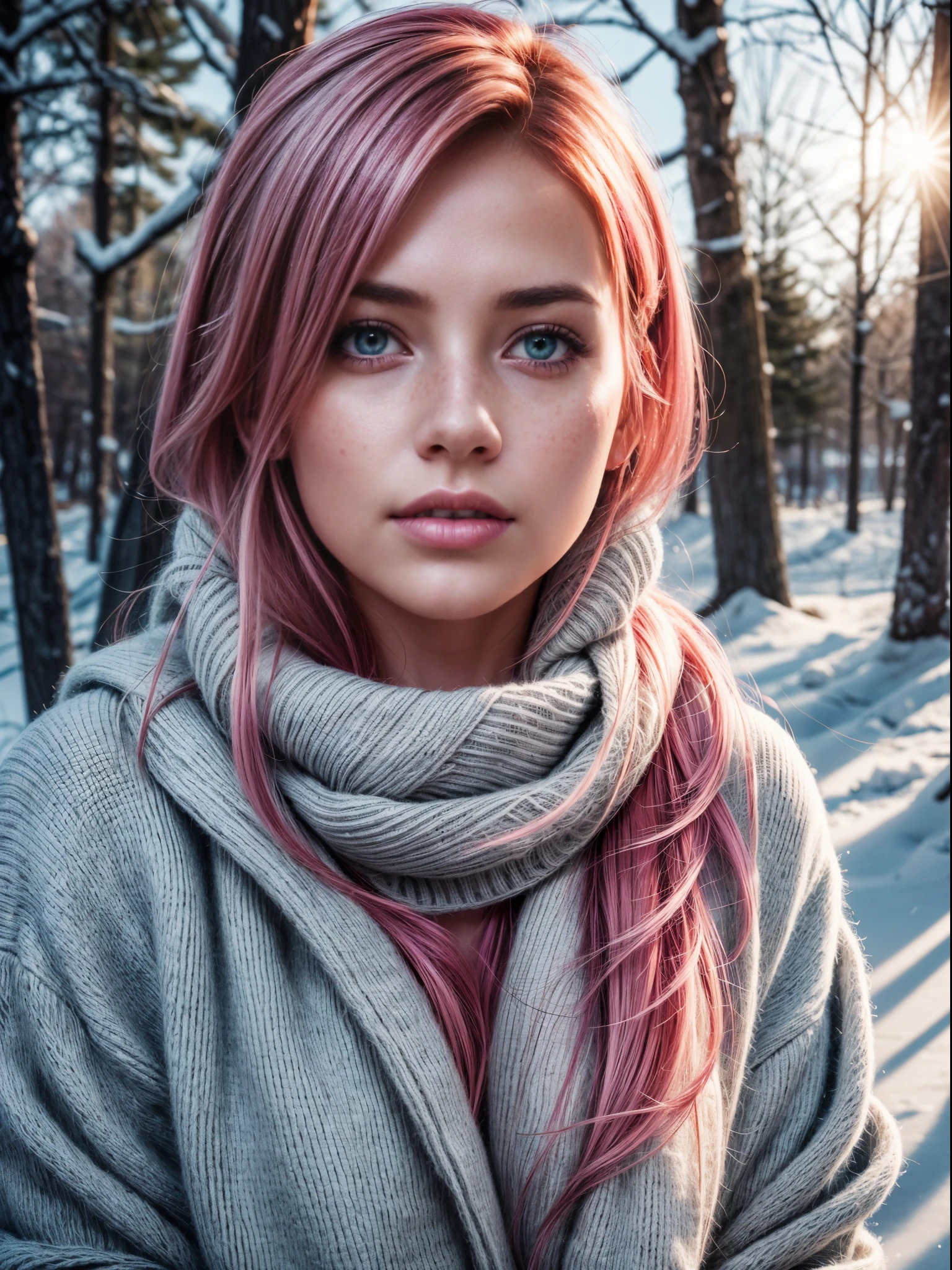 Photorealistic, high resolution, soft light, 1 woman, alone, busty, looking at viewer, (detailed face), pink hair, green eyes, some freckles on face, wearing winter clothes.