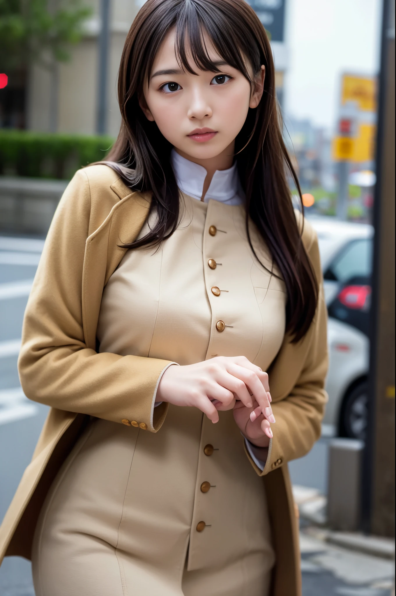  (8K, RAW photo, highest quality, masterpiece:1.3), (realistic, photo-realistic:1.4), (Highly detailed 8K wallpaper), sharp focus, Depth of written boundary,
 japanese idol,very cute, (coat:1.3),(long hair :1.3), Upper body, highly detailed face and eyes,((shiny skin:1.2)), cinematic lighting, soft light, blur background, (A city with historical landmarks, such as a castle or a cathedral)