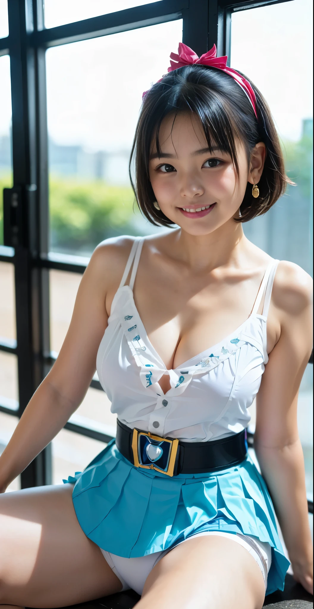 (8K、Raw photography、highest quality、masterpiece:1.2),(black haired、very short hair:1.8),show viewer,Looking at the front,erotic,(super sentai series、She is wearing a costume from the PreCure series..:1.7)、(Clothing that emphasizes the shape of your chest:1.4)、(big breasts :1.4)、slim body shape、ultra high resolution,beautiful,beautiful fece,(alone, alone、no background:1.9),whole bodyボディー,、(black eye、japanese woman: 1.3),(Photoreal:1.37)、photon mapping,reality、(Cute with a baby face: 1.1)、(cute smile: 1.7)、(With a round face: 1.8)、radio city、Physically based rendering、depth of field rally background、photograph, (I can see your knees,close up of thighs、skirt is too short、spread your legs、showing off white panties:1.4),whole body、super fine