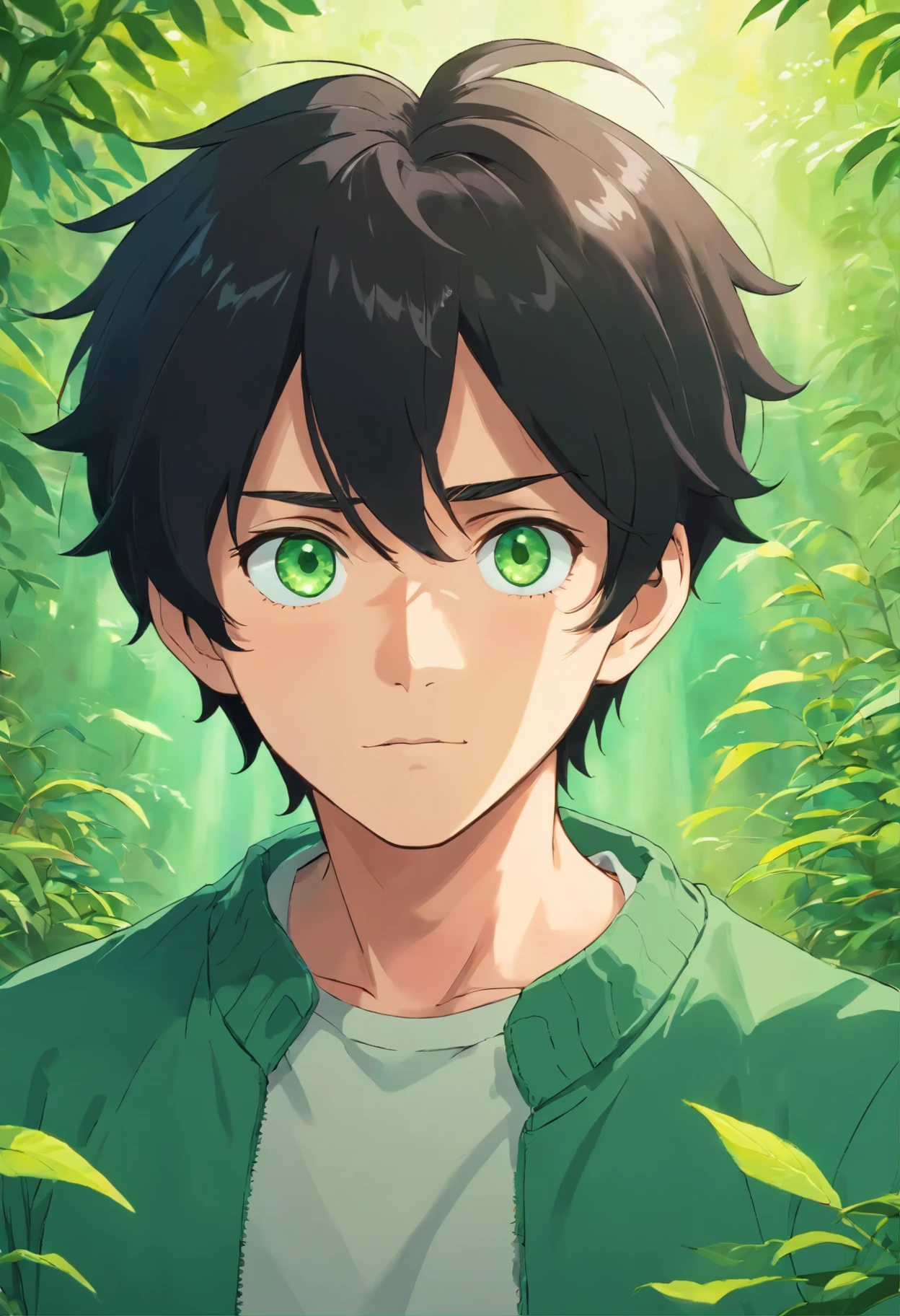 A young man with black hair and green eyes