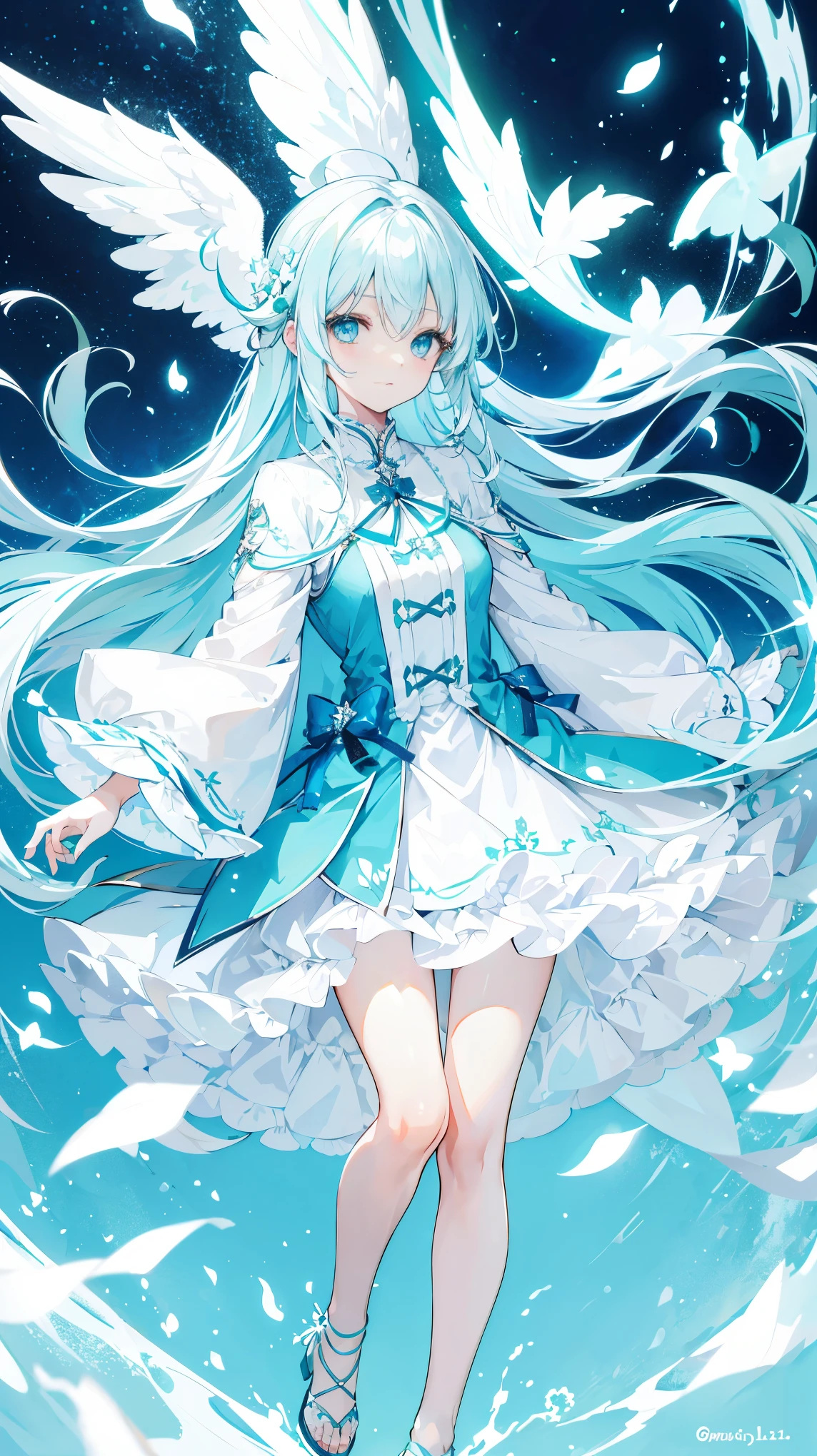 long light blue and white hair,green, white and sky blue clothes,cute and nice girl,Looks very light and gentle,Beautiful legs,fluffy,Angel,light blue eyes,No background