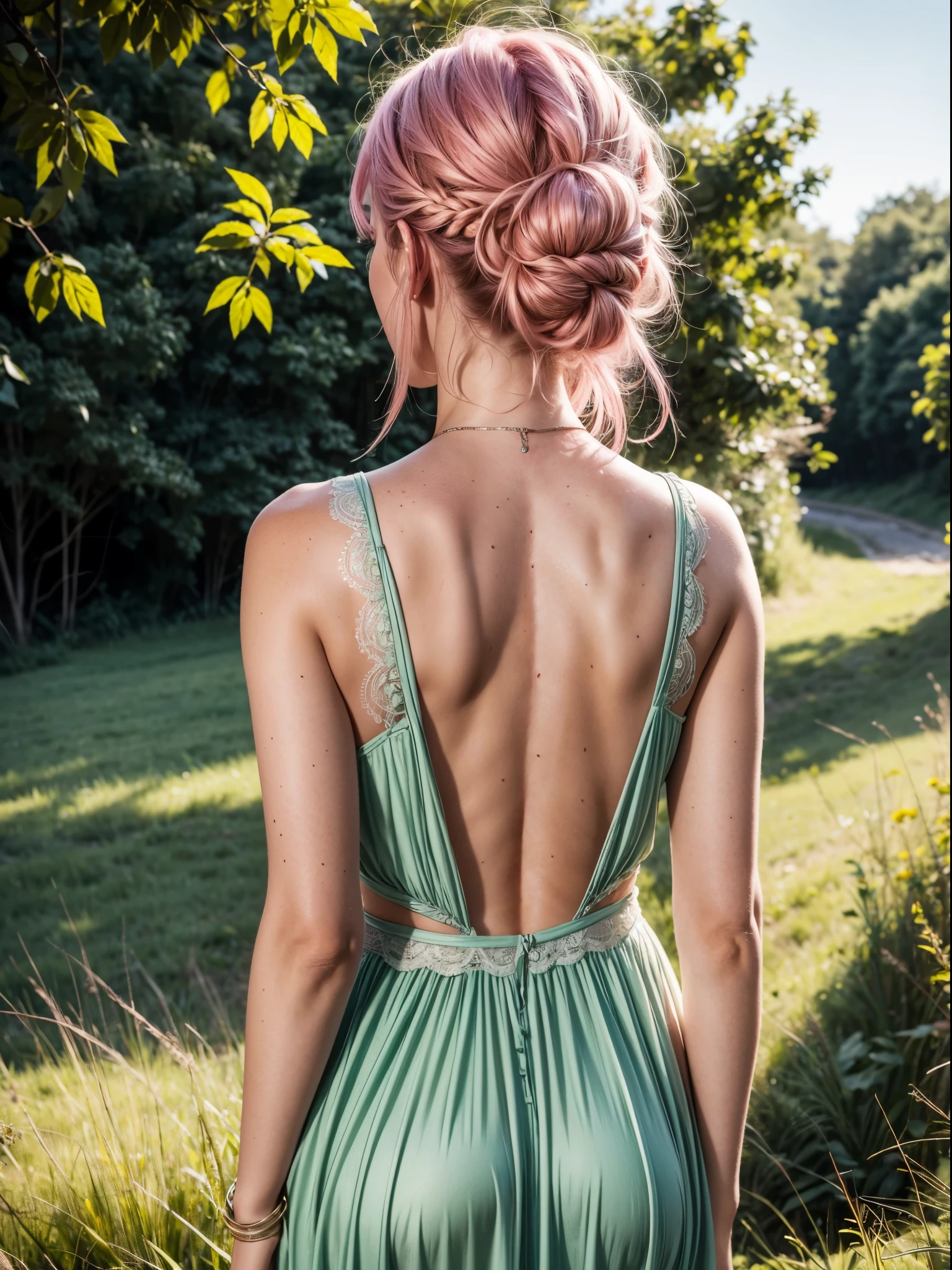 Photorealistic, high resolution, soft light, 1 woman, alone, busty, pink hair, green eyes, some freckles on her face, with her back to the camera, wearing a long dress.