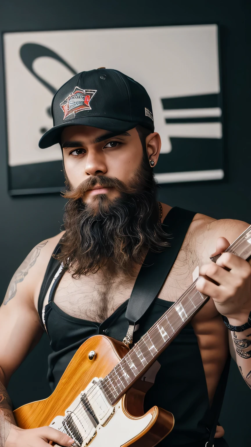 (best quality,highres:1.2),young rocker,bearded,with a cap on his head and a puro in his mouth,striking a pose,exposed hairy chest,suspenders,holding an electric guitar,