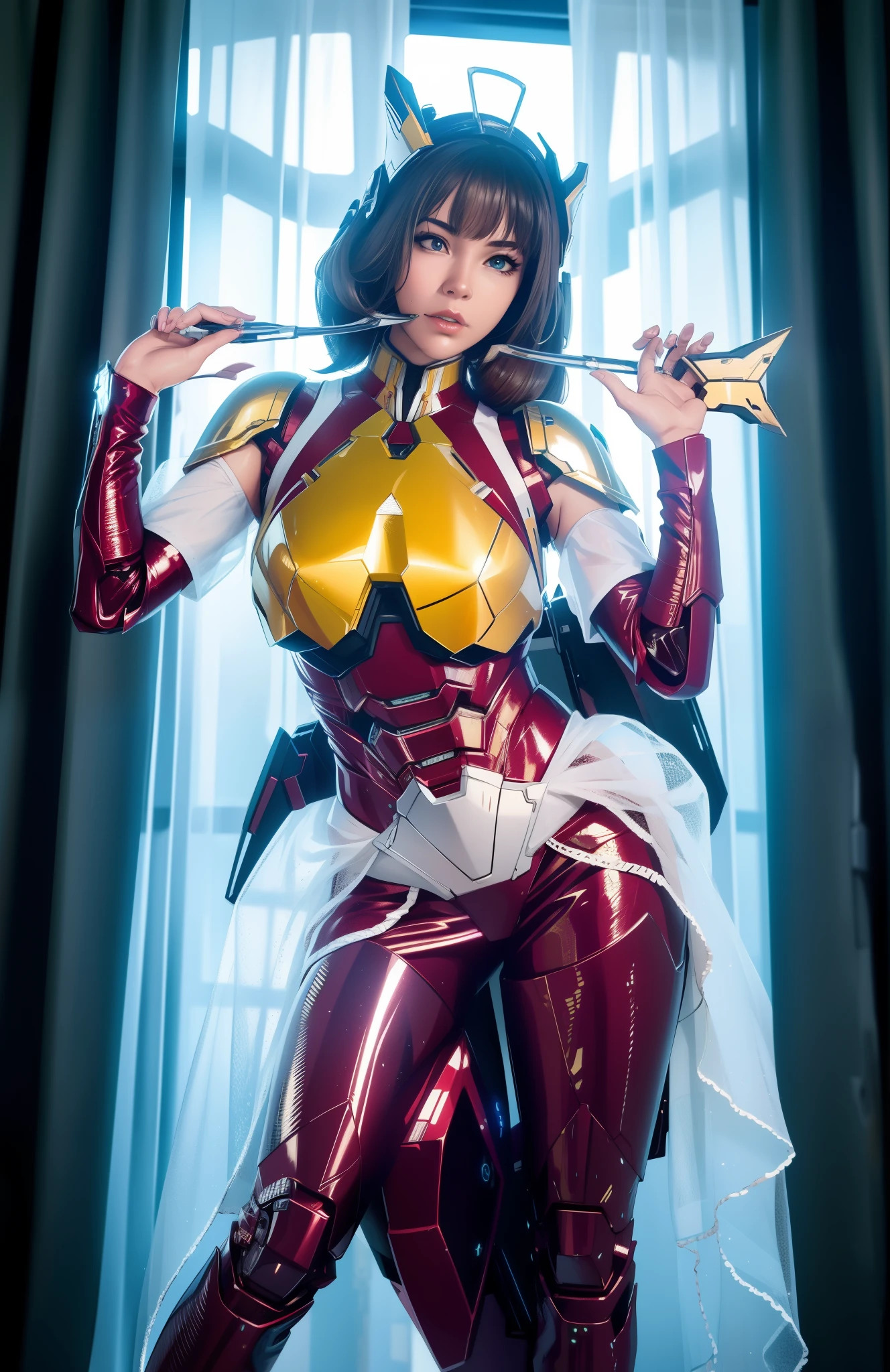 Futuristic high-tech style，best quality,Fairy skin,(Every time :1.2),Everlasting,super detailed,actual,high quality,light lighting,Ray tracing,ultra high definition,upper part of body, Future Iron Man mecha，shooting，battery，Launching equipment，Large-caliber artillery，Ros Tran 8K，Mecha Cyber Armor Girl,Wearing a cyberpunk technology helmet，Star Warframe Helmet，There is a breathing light on the body，The armor of the future shines，armed cannon，High-tech warframe