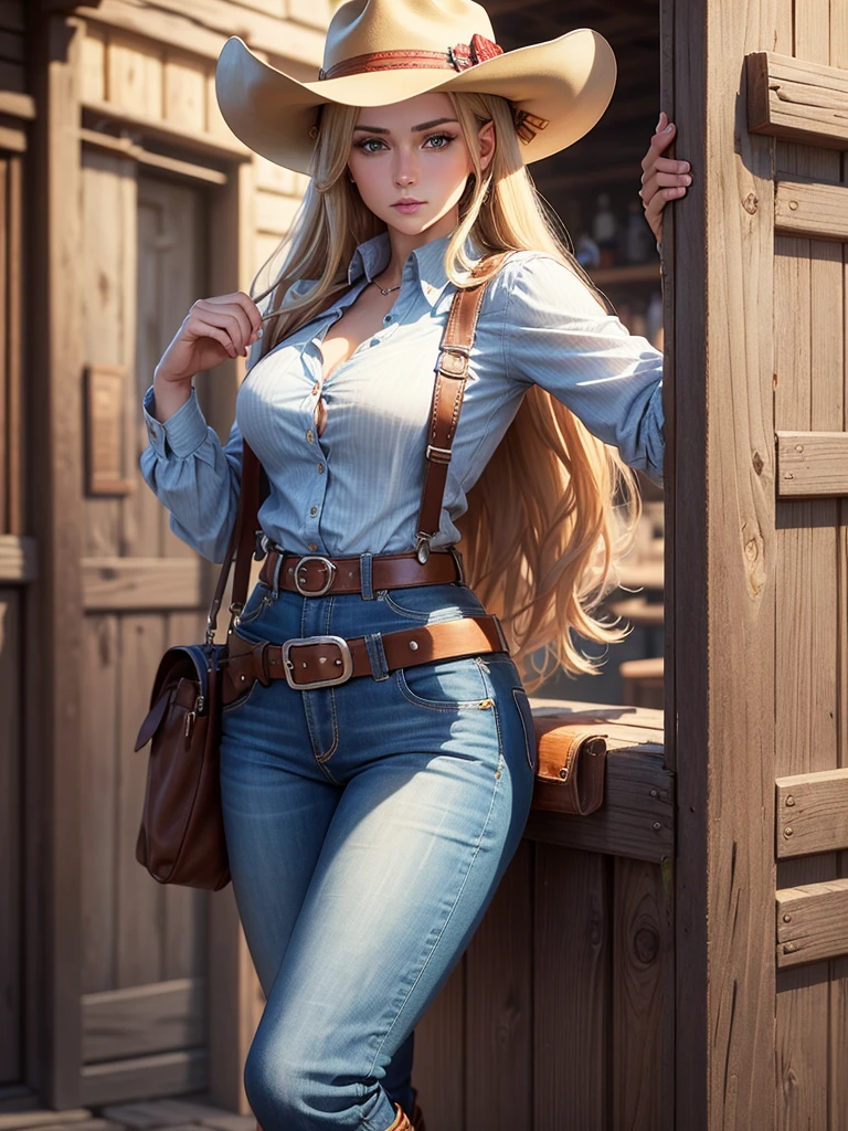 masterpiece, Best quality, Maximum Resolution, high definition, 8K super detailed with cracks, Cowgirl, beautiful blonde woman blue eyes defiant look, flannel shirt rolled up with red and black checkered patterns, unbuttoned button, suspenders, tight jean pants, legs apart, revolver holster, belt with buckles, buckle, holding a colt 45 old west revolver pointed upwards, brown cowboy hat, cowboy boots, standing, outside a saloon