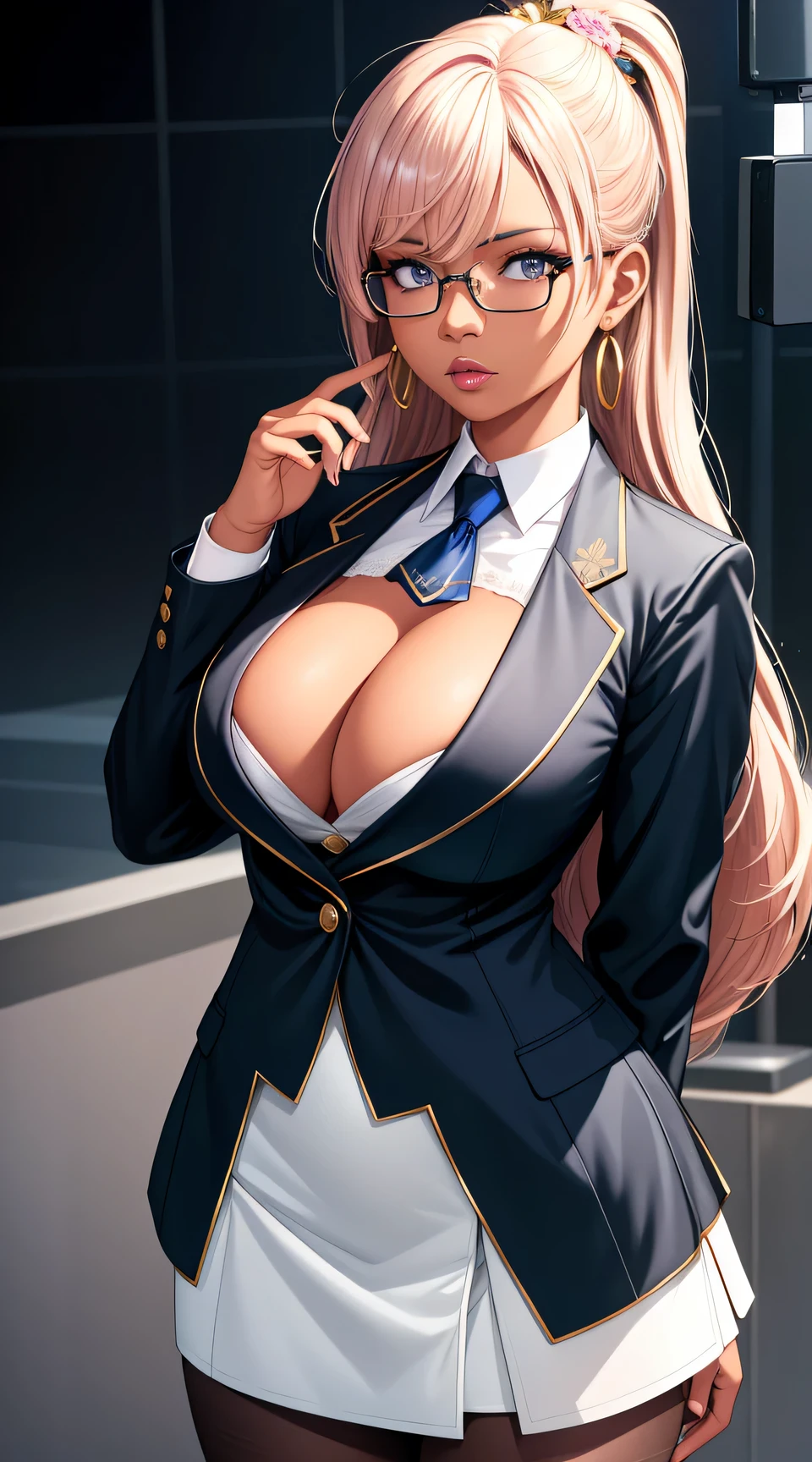 (best quality:1.5, highres, UHD, 4K, detailed lighting, shaders), gold floral haired, gradient hair, large breasts, suit, gray shirt, social shirt, short skirt, mature woman with glasses, (pov), white background, colorful eyeshadow, dramatic lighting, sparkling eyes, sensual expression, golden earrings, flowing hair, delicate facial features, dark skin, high cheekbones, urban setting, white background, dont look for the camera, lean forward, ( pose : behind the camera)