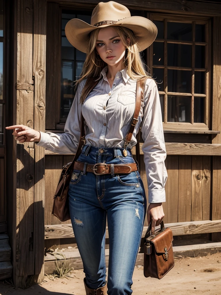 masterpiece, Best quality, Maximum Resolution, high definition, 8K super detailed with cracks, Cowgirl, beautiful blonde woman blue eyes defiant look, flannel shirt rolled up with red and black checkered patterns, unbuttoned button, suspenders, tight jean pants, legs apart, revolver holster, belt with buckles, buckle, holding a colt 45 old west revolver pointed upwards, brown cowboy hat, cowboy boots, standing, outside a saloon