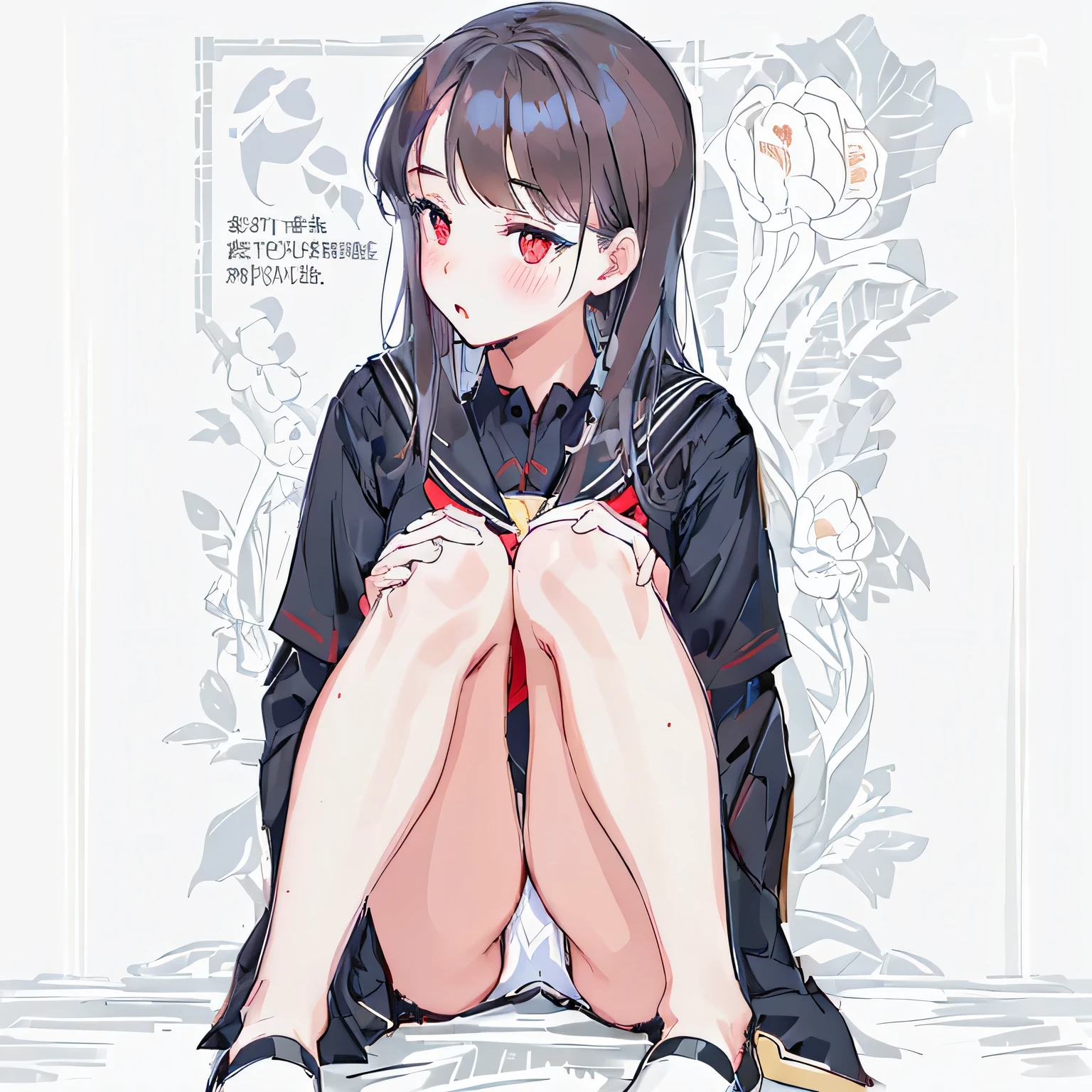 black lingerie,masterpiece, highest quality,figure,sailor suit,slanted eyes,straight hair,brown hair,side parted,super dense skin,surprised,beautiful and fine eyes,blush,short sleeve shirt,red eyes,sitting,look into,high School girl, blurred background,School,locker room