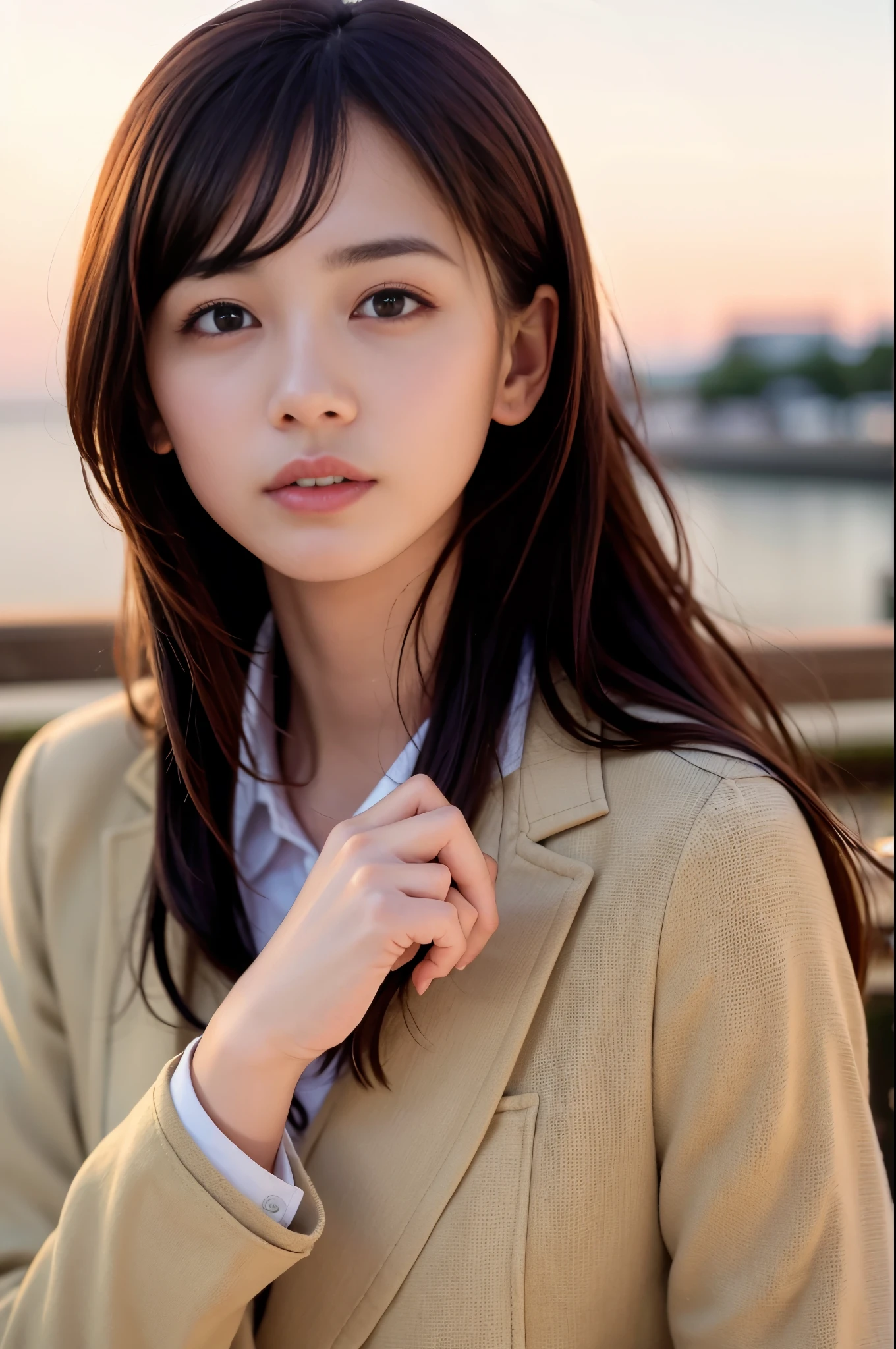  (8K, RAW photo, highest quality, masterpiece:1.3), (realistic, photo-realistic:1.4), (Highly detailed 8K wallpaper), sharp focus, Depth of written boundary,
 japanese idol,very cute, baby face,(coat:1.3),(long hair :1.3), Upper body, highly detailed face and eyes,((shiny skin:1.2)), cinematic lighting, soft light, blur background, (A city with historical landmarks, such as a castle or a cathedral)