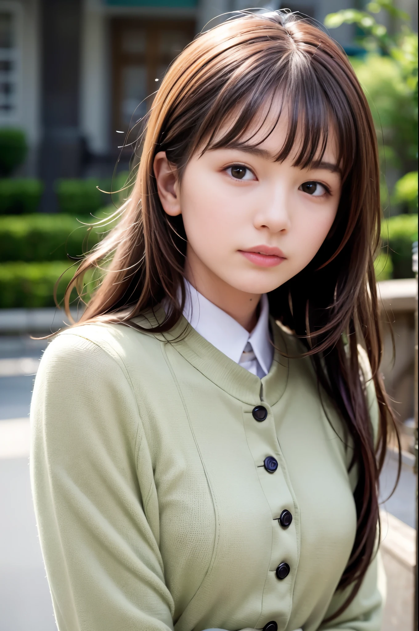  (8K, RAW photo, highest quality, masterpiece:1.3), (realistic, photo-realistic:1.4), (Highly detailed 8K wallpaper), sharp focus, Depth of written boundary,
 japanese idol,very cute, baby face,(coat:1.3),(long hair :1.3), Upper body, highly detailed face and eyes,((shiny skin:1.2)), cinematic lighting, soft light, blur background, (A city with historical landmarks, such as a castle or a cathedral)