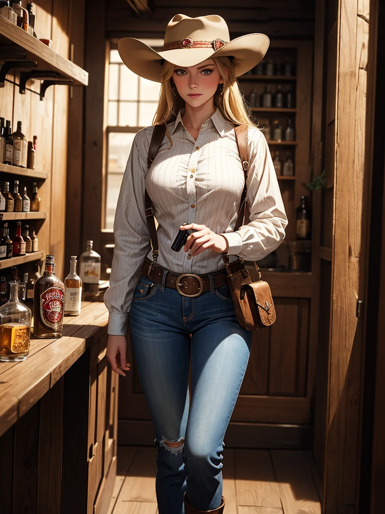 masterpiece, Best quality, Maximum Resolution, high definition, 8K super detailed with cracks, beautiful blonde woman blue eyes defiant look, rolled up flannel shirt with red and black checkered patterns, suspenders, tight jean pants, legs apart, holster revolver, belt with buckles, buckle, holding an old west revolver pointed up, brown cowboy hat, cowboy boots, standing, outside a saloon