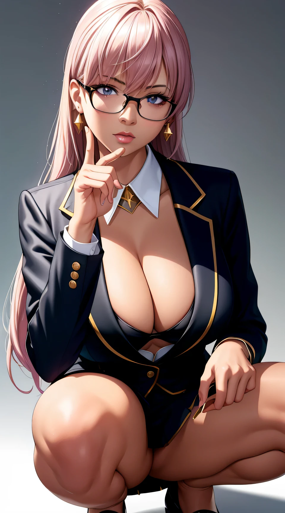 (best quality:1.5, highres, UHD, 4K, detailed lighting, shaders), gold floral haired, gradient hair, large breasts, suit, gray shirt, social shirt, short skirt, mature woman with glasses, (pov), white background, colorful eyeshadow, dramatic lighting, sparkling eyes, sensual expression, golden earrings, flowing hair, delicate facial features, dark skin, high cheekbones, urban setting, white background, dont look for the camera, lean forward, ( pose : behind the camera), squatting, open foot.