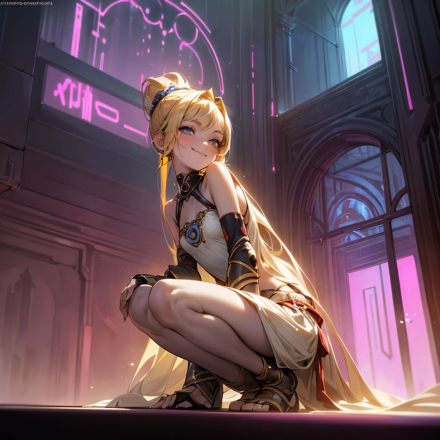 ((Masterpiece)), ((best quality)), (Professional Photography), from below, (Photorealsitic:1.3), 1girl, cute teenage girl, (Very smirking), (Welcome pose), ((Beautiful ceremonial clothes)), beautiful Slender body, small breast, (silky blonde Hair), ponytail, cute eyes, Light particles, Neon Lights, ((crouching in front of the cyberpunk gate)), (Beautiful Arid Zone),