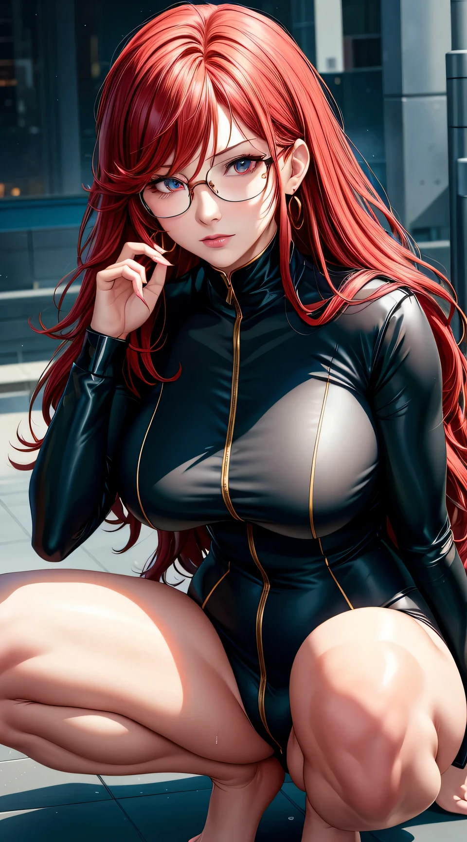 (best quality:1.5, highres, UHD, 4K, detailed lighting, shaders), red wavy haired, gradient hair, large breasts, suit, social long pants, mature woman with glasses, (pov), white background, colorful eyeshadow, dramatic lighting, sparkling eyes, sensual expression, golden earrings, flowing hair, delicate facial features, soft skin, high cheekbones, urban setting, white background, dont look for the camera, lean forward, wet with water, squatting, open foot
