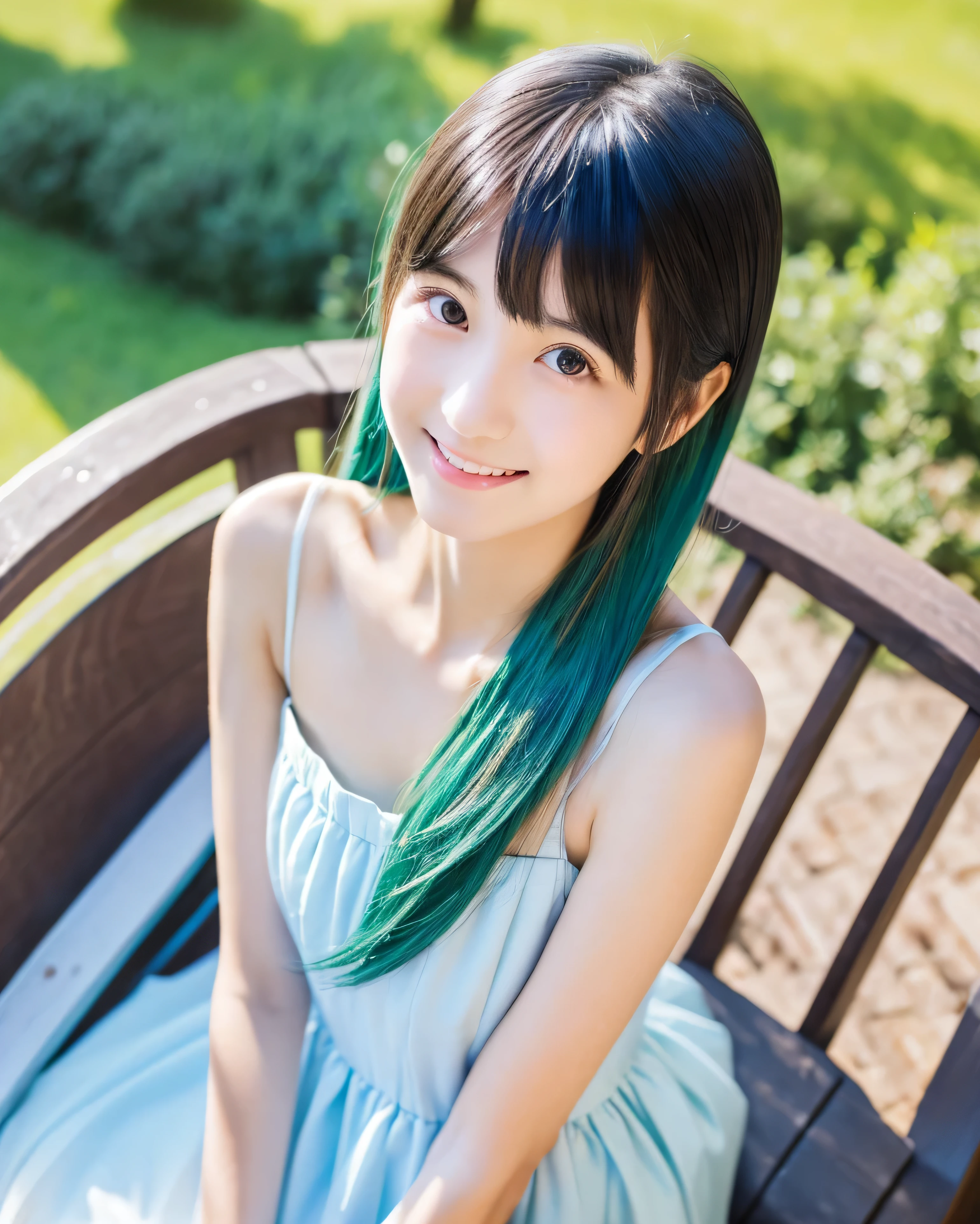 beautiful japanese girl　13 years old　 (whole body:1.5)　（shiny green hair:1.5）　long straight hair　asymmetrical bangs　big magic eyes　high resolution black eyes　shiny soft skin　pale pink lip　happy smile　White Princess Dresses　Detailed and perfect clavicle　high resolution soft breasts　dense and beautiful legs　sitting on a wooden bench　blue sky　sunlight　young body　professional lighting　professional photographer