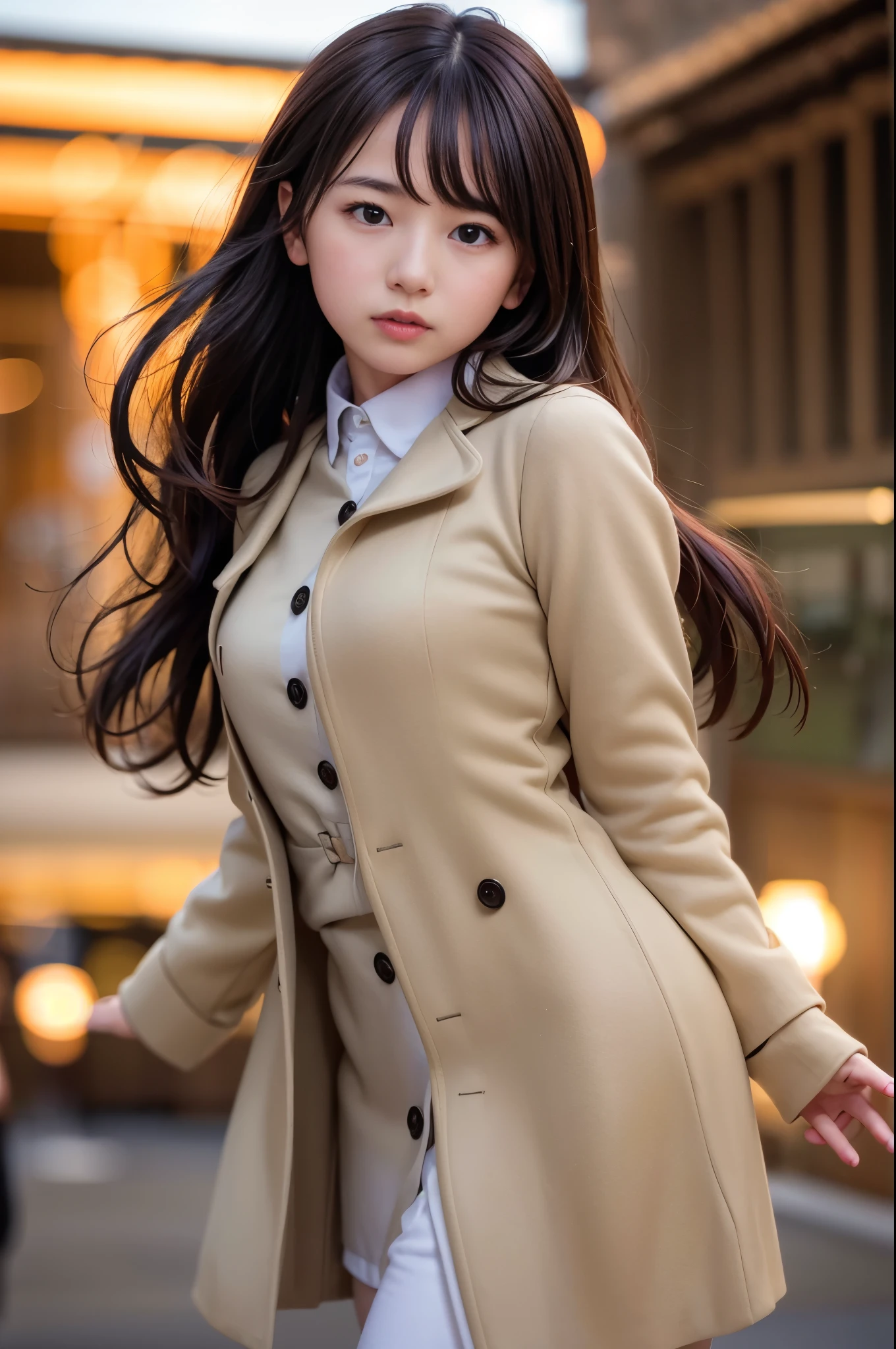 (8K, RAW photo, highest quality, masterpiece:1.3), (realistic, photo-realistic:1.4), (Highly detailed 8K wallpaper), sharp focus, Depth of written boundary,
japanese idol,very cute, baby face,(coat:1.3),(long hair :1.3), Upper body, highly detailed face and eyes,((shiny skin:1.2)), cinematic lighting, soft light, blur background, (A city with historical landmarks, such as a castle or a cathedral)