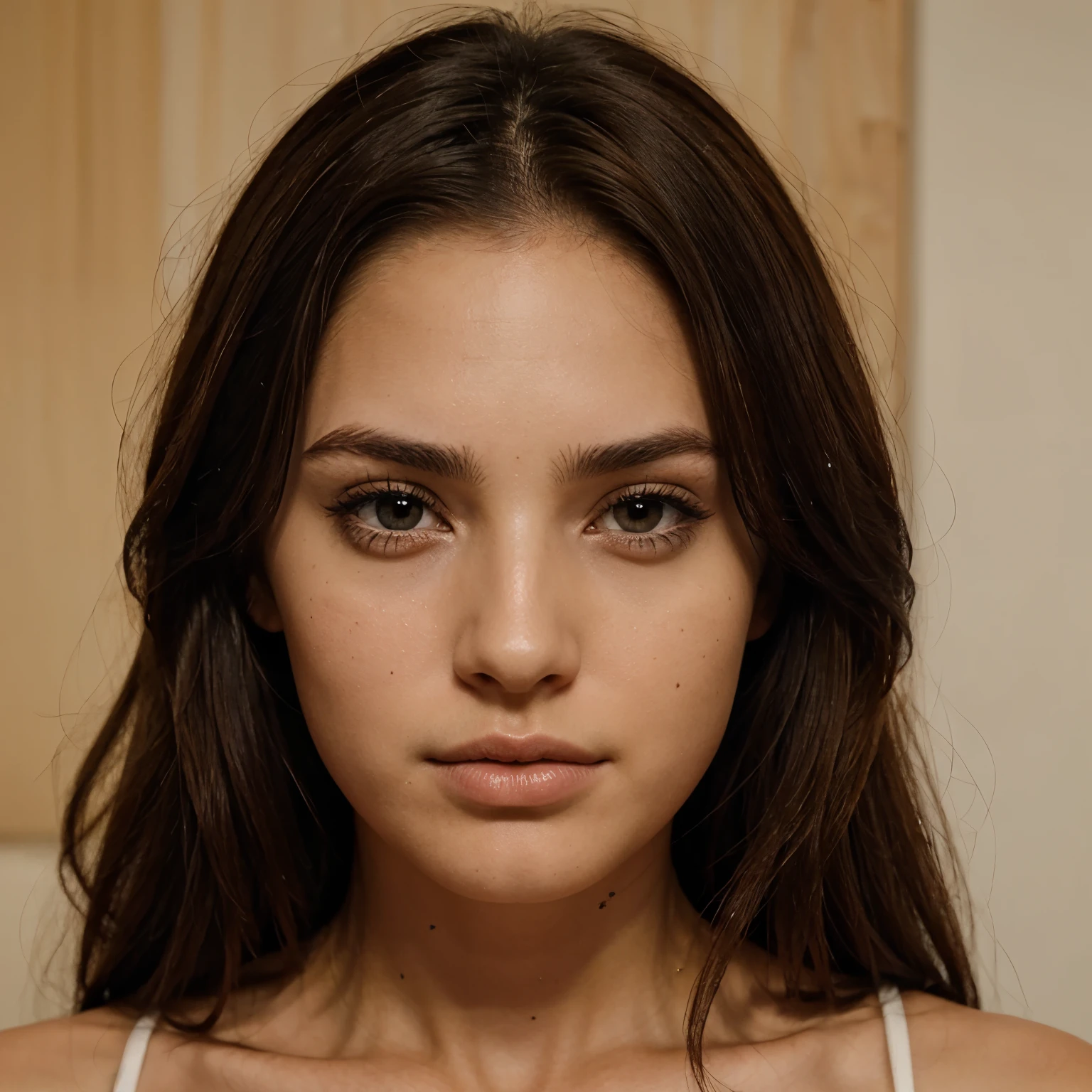 symmetrical facial features, Brown hair, ojos negros, blanca, labios grandes, cuello largo