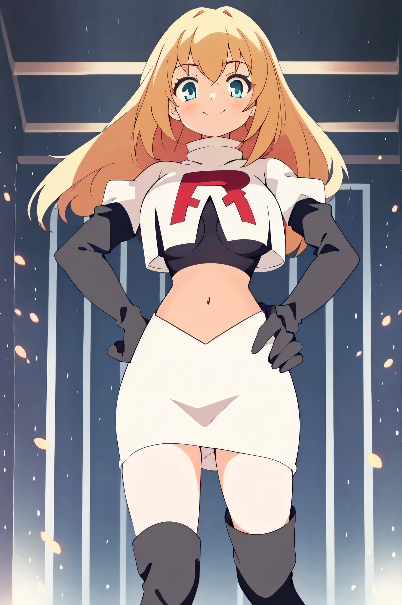 8k, anime screencap,1girl in, (solo:1.2), (perfect body:1.1), (best quality:1.1), very large breast, team rocket uniform, red letter r, white skirt,white crop top,black thigh-high boots, black elbow gloves, evil smile, looking down at viewer, hands on hips,zettai ryouiki,