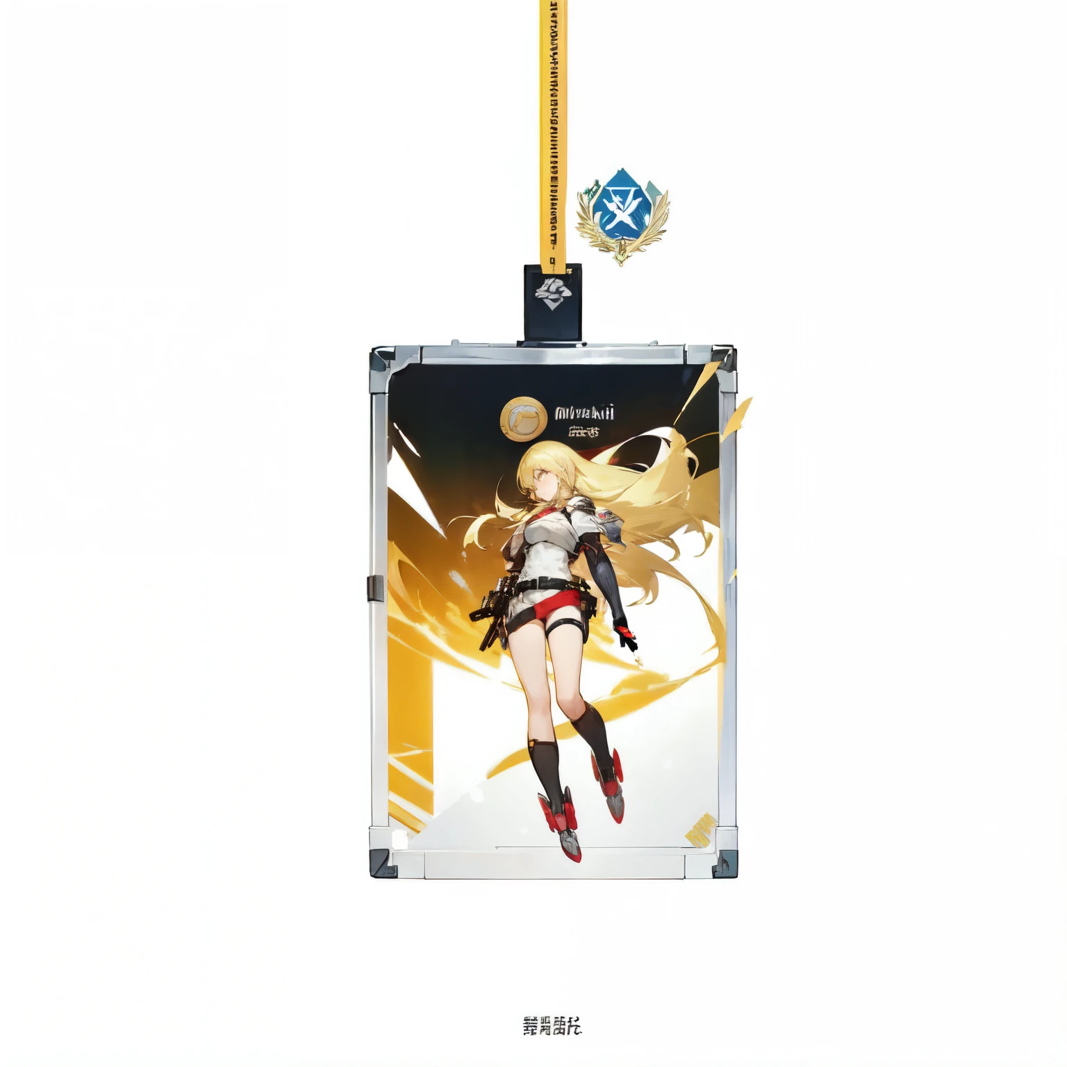 (((anime corporate badge with a picture of a blonde elf girl))), ((badge concept art)), blame!, abara, knights of sidonia, white armor, gravity rush inspired, kantai collection style, inspired by Akihiko Yoshida, gravity rush, from girls frontline, girls frontline style, edelgard from fire emblem, blonde anime girl with long hair, botw style, cyborg merchant girl, akihiko yoshida!, no more heroes concept art, in suitcase