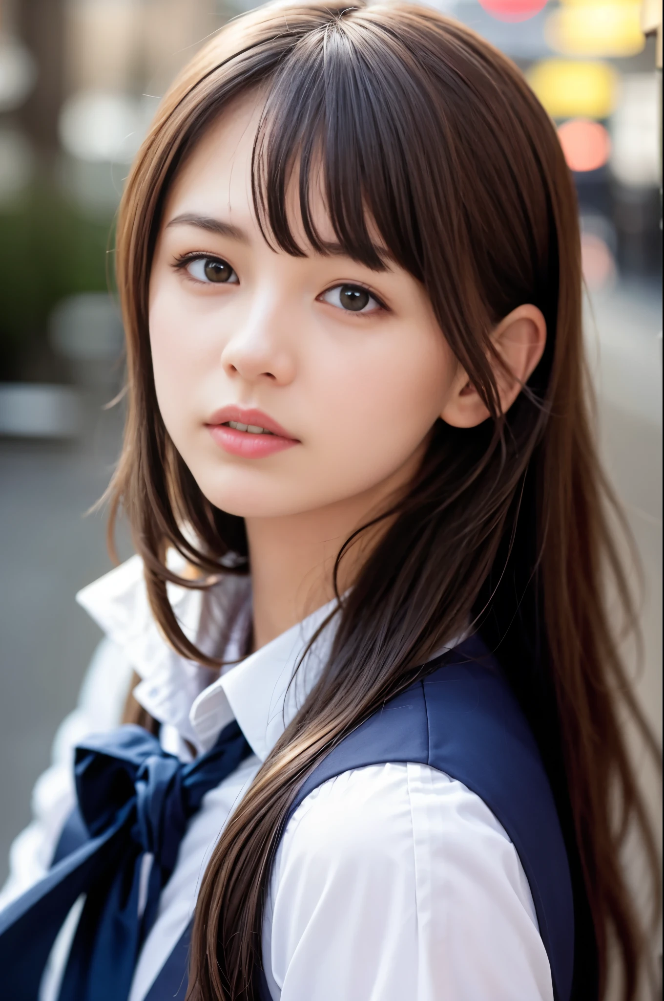 (8K, RAW photo, highest quality, masterpiece:1.3), (realistic, photo-realistic:1.4), (Highly detailed 8K wallpaper), sharp focus, Depth of written boundary,
japanese idol,very cute, baby face,(coat:1.3),(long hair :1.3), Upper body, highly detailed face and eyes,((shiny skin:1.2)), cinematic lighting, soft light, blur background, (A city with historical landmarks, such as a castle or a cathedral)