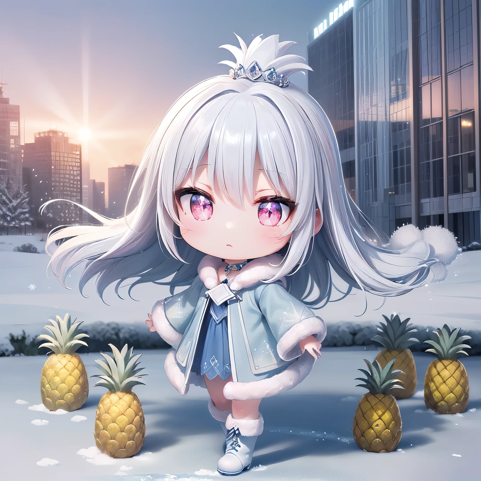 (chibi, pineapple, 3dcg, 1 girl: 1.5), (red cheeks, indifference, Expressionless, hair blowing in the wind, almond shaped eyes, shiny white-blue hair,chignon hair, Carefully drawn fingertips: 1.2), (masterpiece, highest quality, Beautiful anatomy: 1.3), (chibi Body,  side view, hood coat with fur,crystal craft accessories,pink color,full body, boots,queen,upward gaze: 1.3), (frozen winter wonderland of sparkling mansions, on-site parks,move freely through the air,guidance of light,skyscraper mansion,: 1.3),