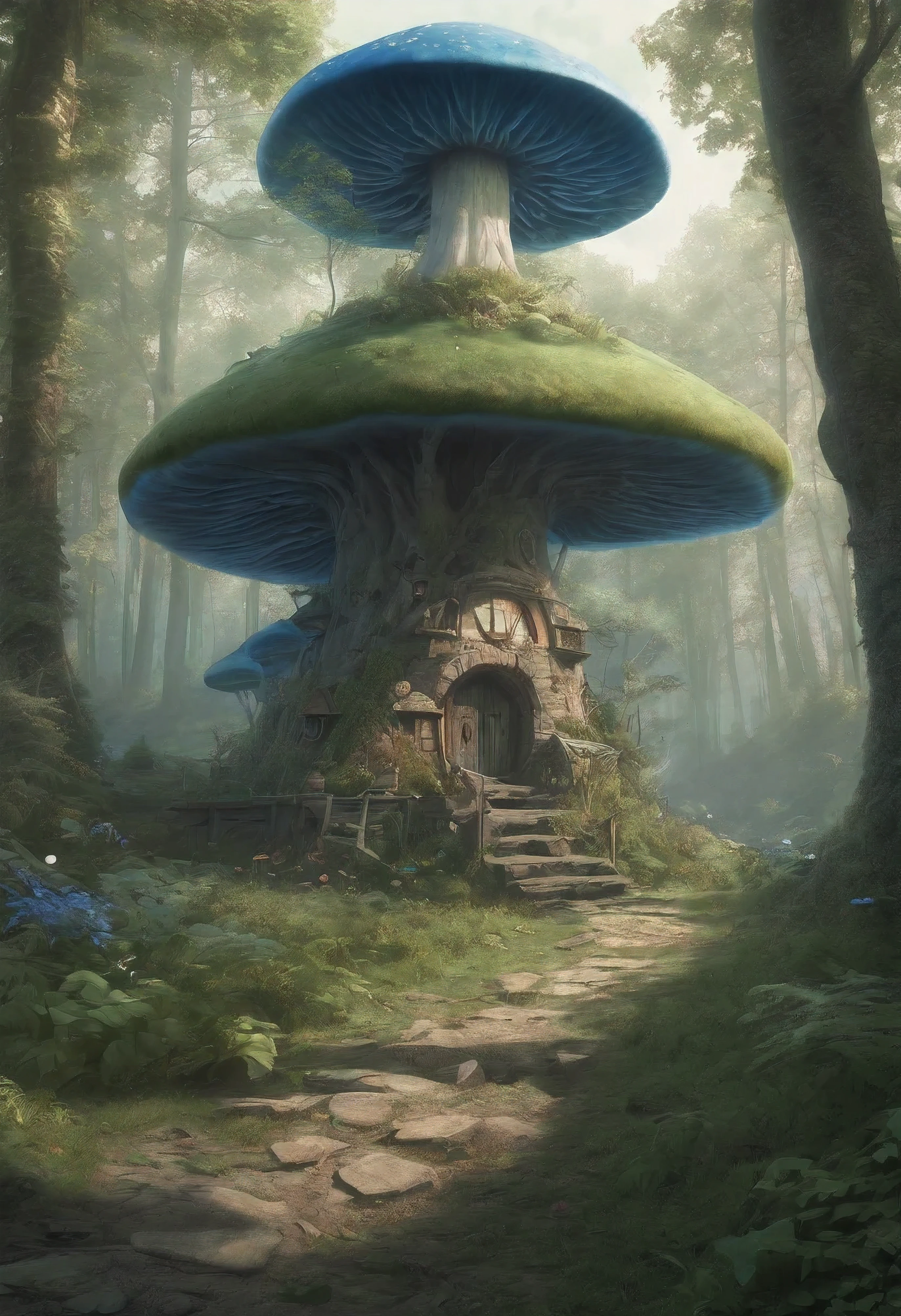 last inn within sight, surrounded by'a giant forest of blue and green mushrooms