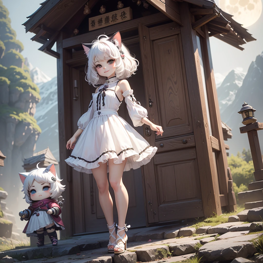 ​masterpiece、top-quality、ultra-detailliert、(Chibi character cat ears:1.2),white hair wavy bob,Mountain Girl Style,fullmoon１One,Fairytale Forest,a smile,Full-body standing figure